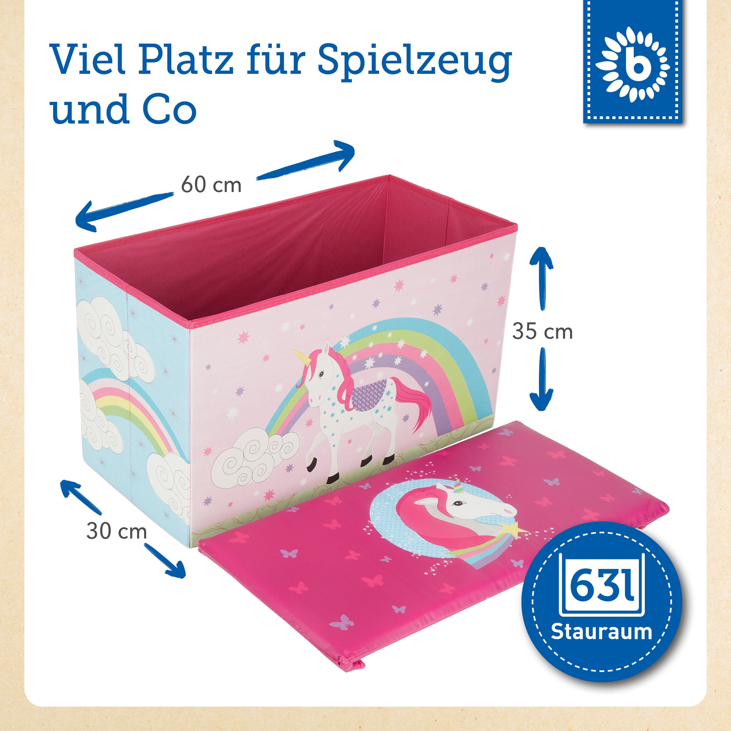 BIECO Spielzeugtruhe Bieco Aufbewahrungsbox mit Deckel Einhorn 60L, faltbar ca. 60x30x35cm Spielzeugkiste mit Deckel Aufbewahrungsbox Kinder Kisten mit Deckel Aufbewahrungsbox Groß Wickeltisch Organizer