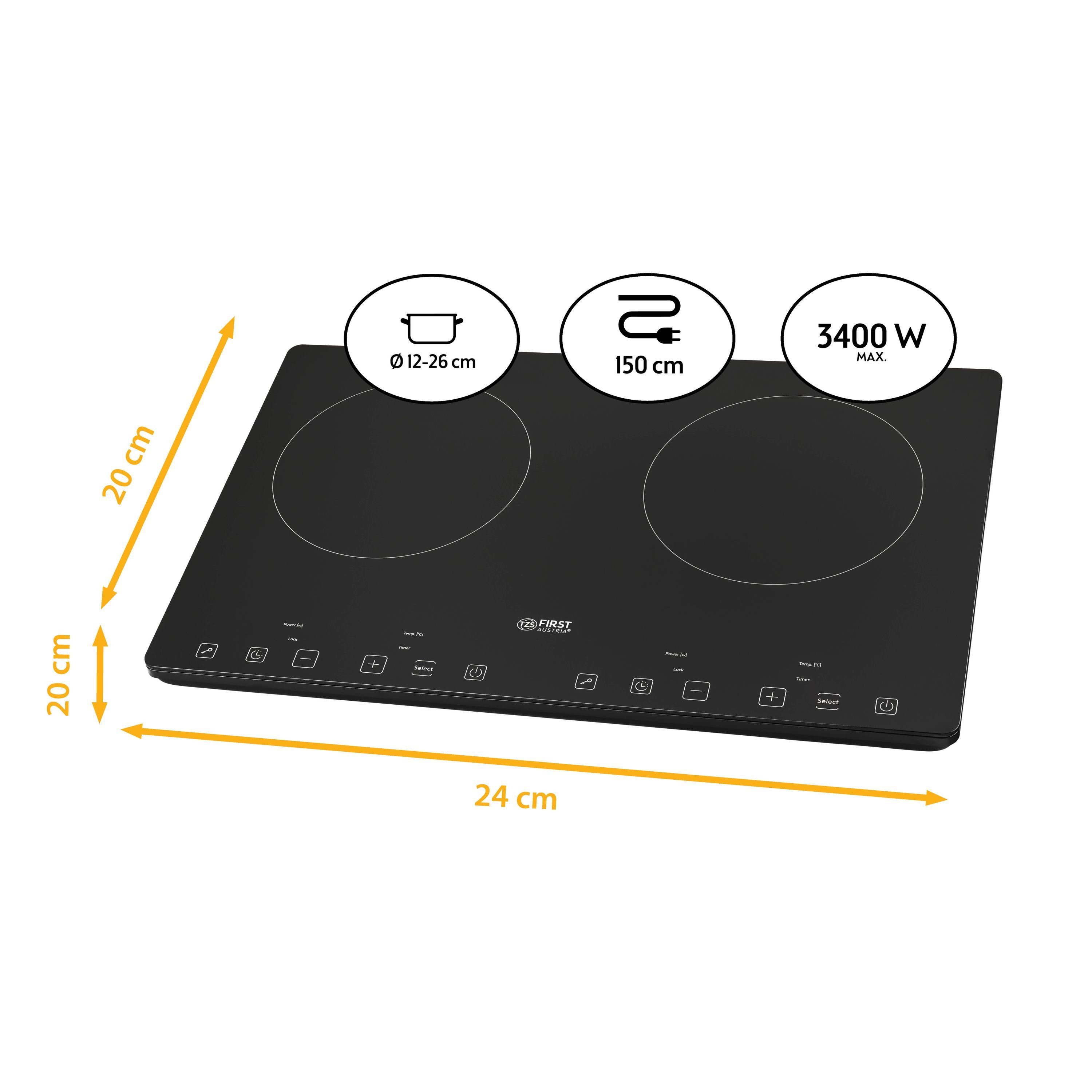 TZS FIRST AUSTRIA Doppelkochplatte Induktionskochplatte doppelt, 3400W, Slim-Design, Timer, Mobil, Induktion Kochplatte, 3400W, Keramik, Infrarot, Temperaturregelung