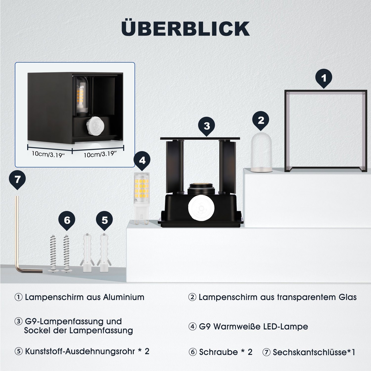 iscooter Wandleuchte G9 Würfel LED Wandleuchte mit Bewegungsmelder Up Down Aluminium, LED wechselbar, Warmweiß, G9 LED Lampe Innen/ Aussen, Einstellbar Abstrahlwinkel AuBenleuchte