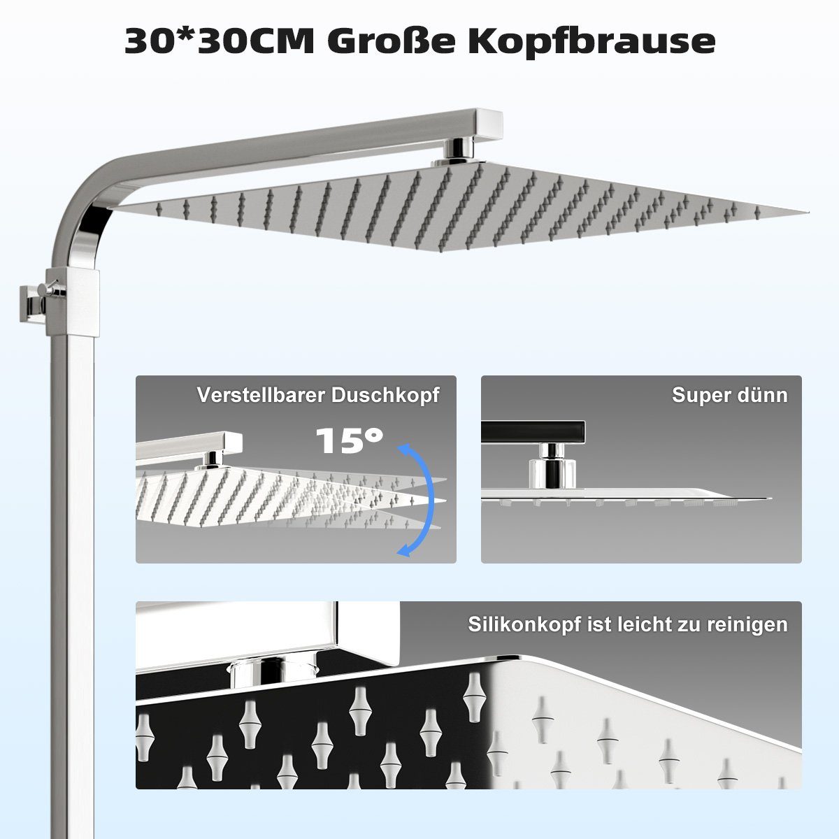 MULISOFT Duschsystem Duschset Regendusche mit Thermostat Edelstahl 30*30cm Regenduschkopf, Höhe 72 cm, 2 Strahlart(en), Brausegarnitur Duschkopf mit Schlauch,Duschstange,Duschsäule Duschset
