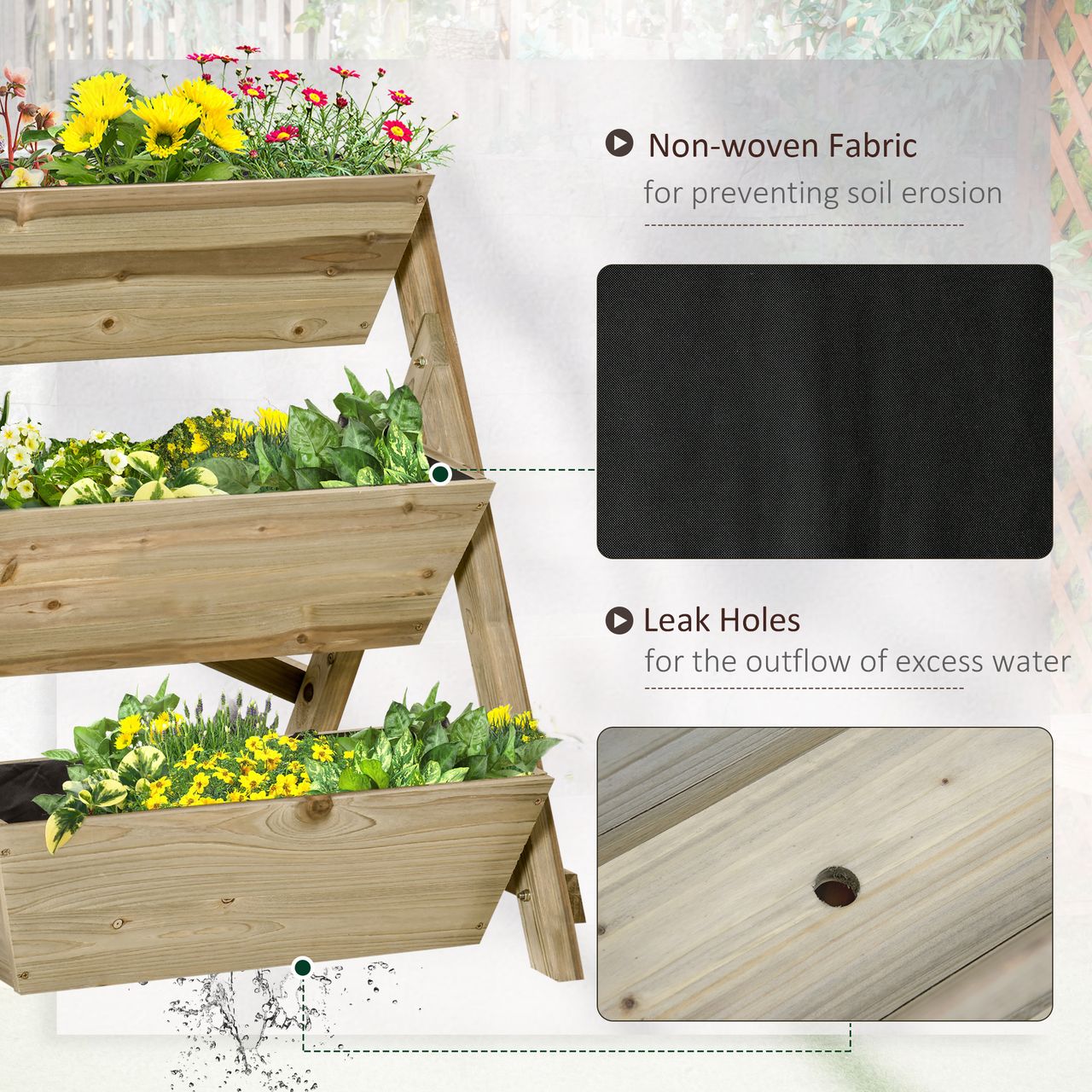 Outsunny Hochbeet Holz Blumenleiter mit 3 Ablagen Pflanzentreppe Natur