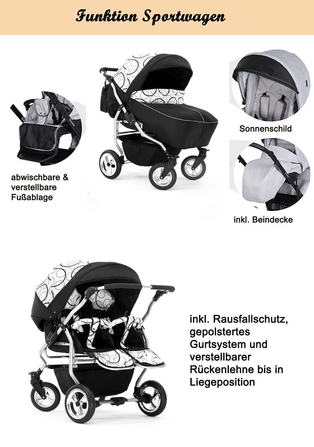Elcar Zwillings-Kombikinderwagen Zwillingskinderwagen 3 in 1 Duo - 13 Teile - in 38 Farben