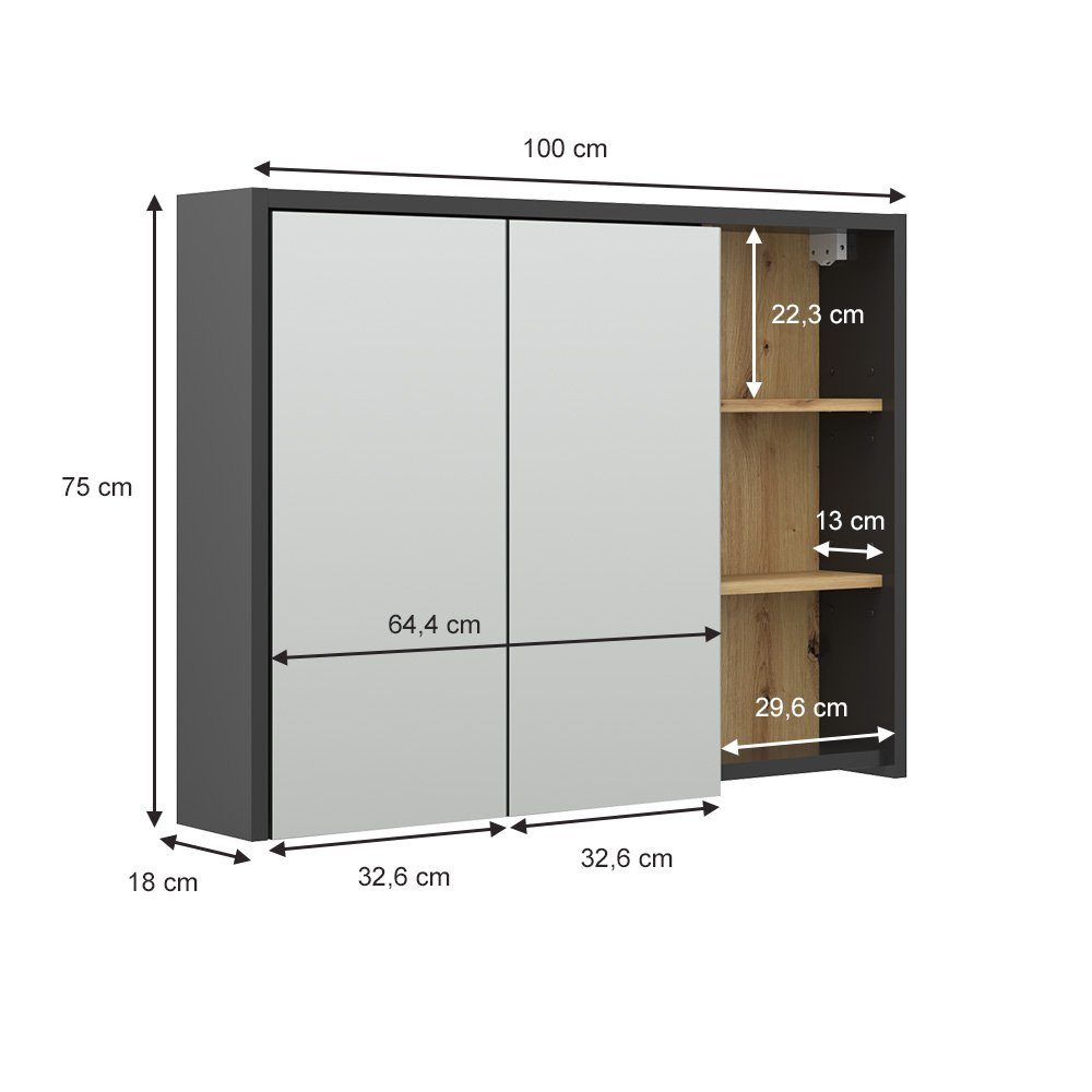Vicco Badezimmerspiegelschrank Spiegelschrank VIOLA Anthrazit/Artisan-Eiche