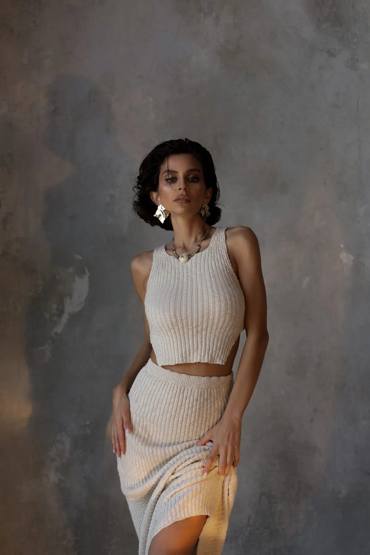 BOHEMAİ  Cris Beige Crop-Rock-Strickwaren-Set