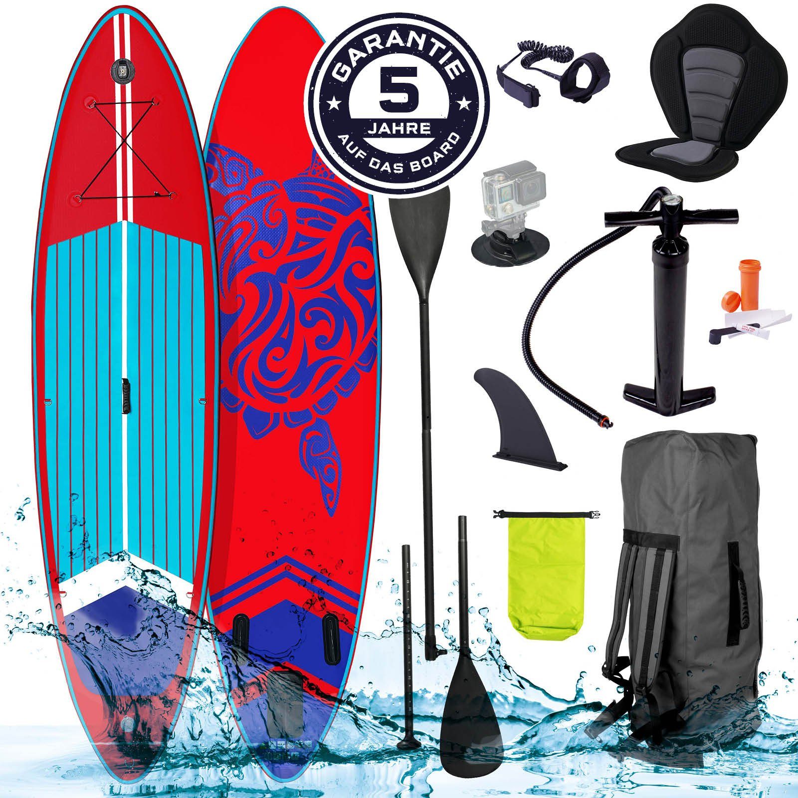 BRAST SUP-Board BRAST SUP Board SUPER Set Aufblasbares Stand up Paddle mit extra Zubehör 320x81x15cm Rot incl. Kajaksitz Kamerahalterung Paddel Fußschleife Rucksack Pumpe