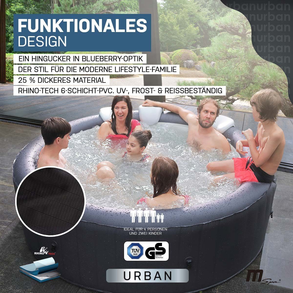 mSpa Whirlpool Outdoor Whirlpool aufblasbar Urban Rimba U-RB061 für 6 Personen, (Luxus Garten Pool - inkl. 2x Filterkartusche - Isolierabdeckung - Schnellheizsystem - Winterfest - 138 Luftdüsen, 4-tlg., Abdeckung mit Schloss - Indoor - LED Fernbedien