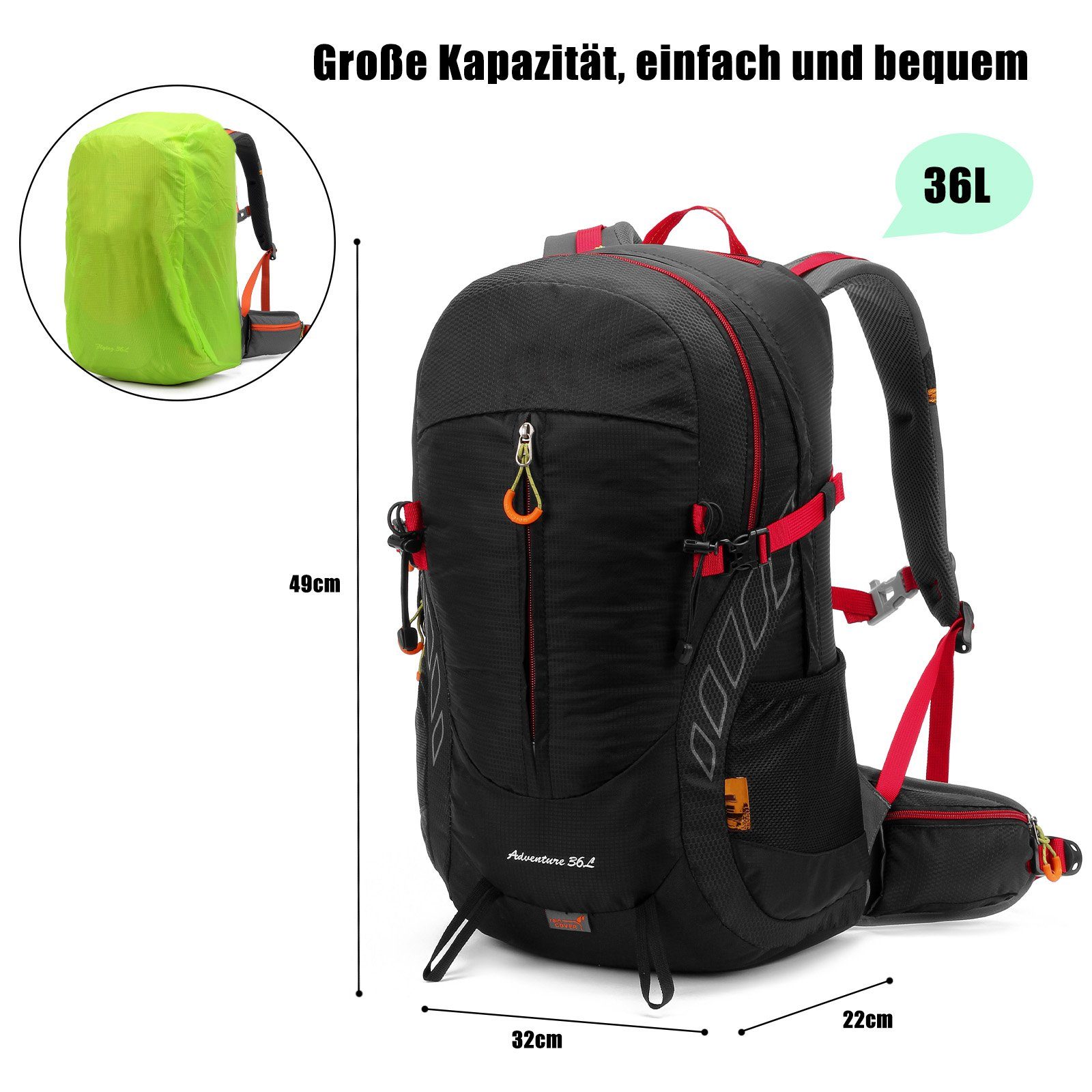 TAN.TOMI Wanderrucksack 36L Großer Wanderrucksack mit Rückenbelüftung, Wasserdicht (Einschließlich Regenschutz), mit Regenschutz für Outdoor Reisen Camping Trekking
