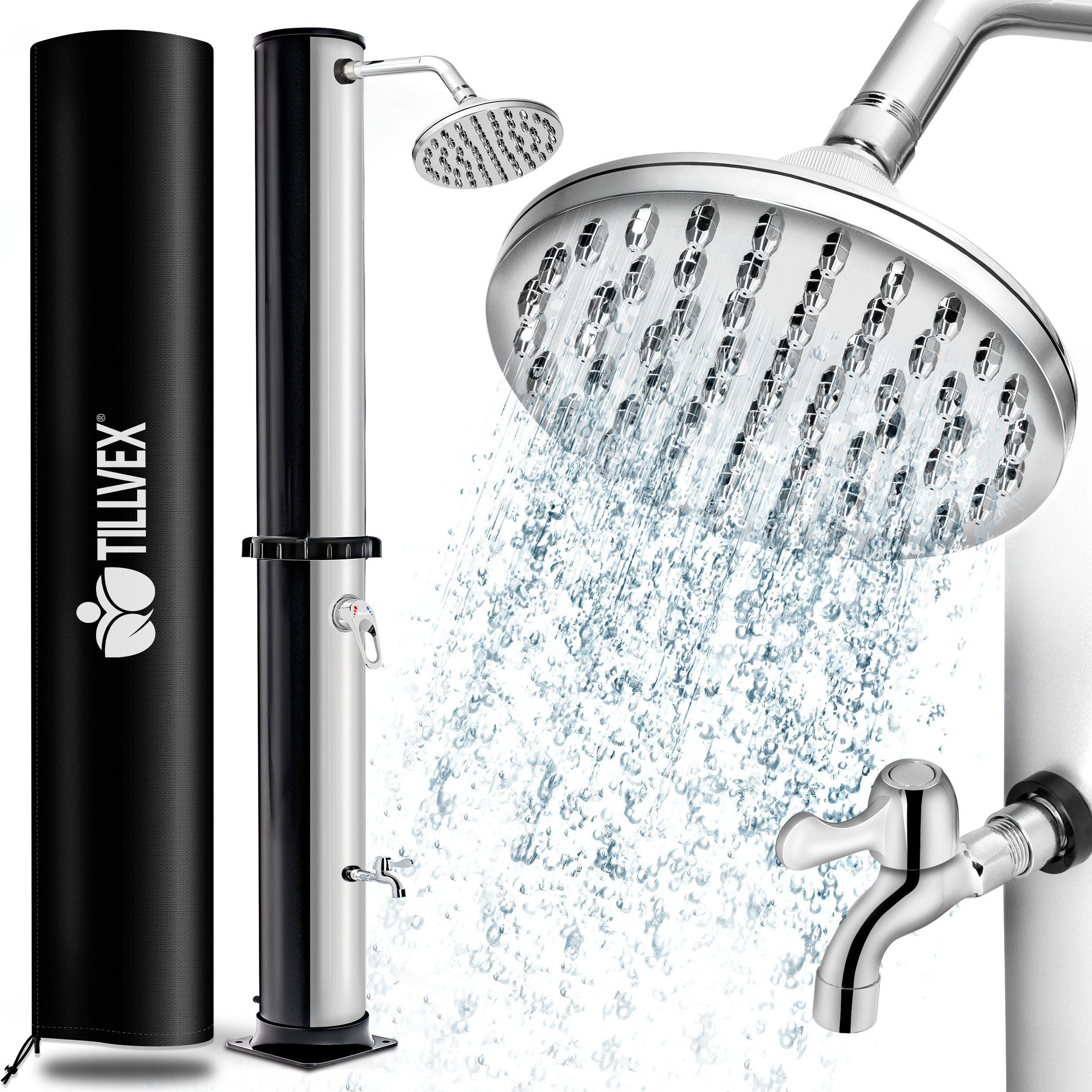tillvex Solardusche 40 Liter inkl. Schutzhaube Solar Garten-dusche (mit Wasserhahn und Regenduschkopf Gartenschlauch-Anschluss), warmes Wasser Pooldusche Camping, ohne Stromanschluss