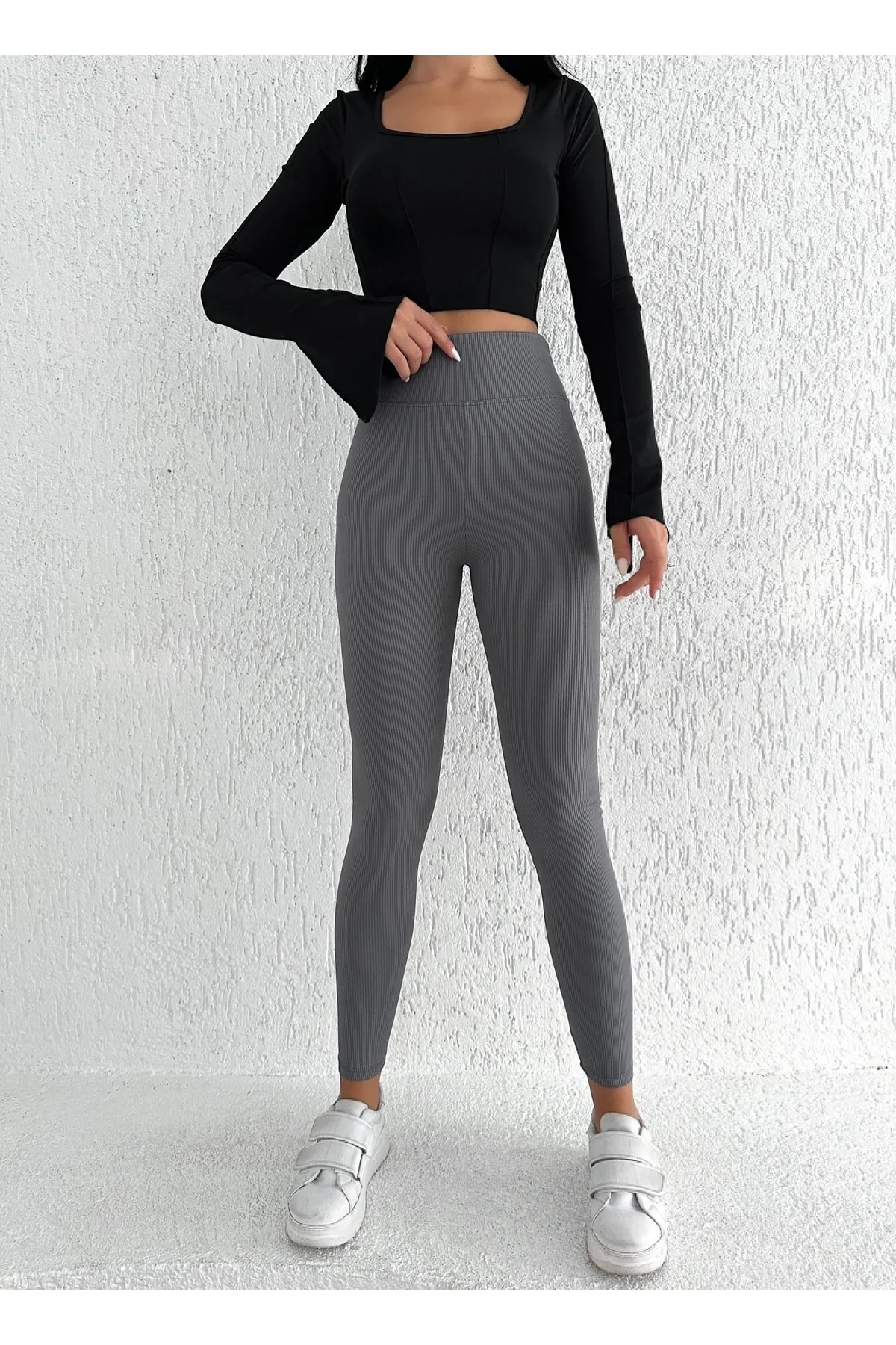 BEJNA  Graue Damen-Fleece-Innenseite, gerippte Strumpfhose mit hoher Taille