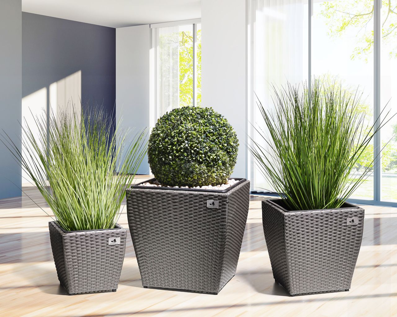 Weles Pflanzkübel Polyrattan 46 x 46 x 45 cm, 37 x 37 x 37cm, 28 x 28 x 30cm, Kunststoffeinsatz, grau