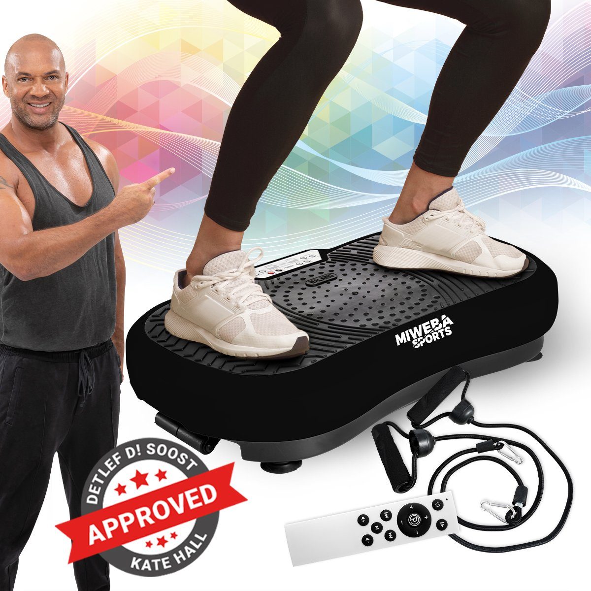 Miweba Sports Vibrationsplatte Vibrationsboard MV100 inkl. Fernbedienung - 2D-Vibration, 250 W, 99 Intensitätsstufen, (150 kg max. Benutzergewicht, Bluetooth, 10 Programme, extra breite Trittfläche, LED-Display, 12,5 kg Leichtgewicht, Poster & Widers