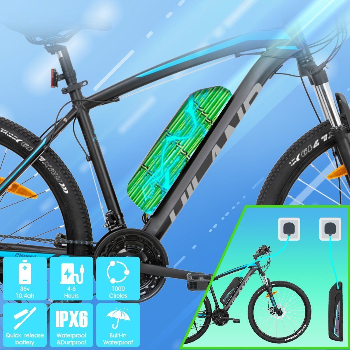 HILAND E-Bike 26/27.5/29 Zoll E-Mountainbike Damen Herren,LCD Display,10.4Ah Akku, 21 Gang Shimano Tourney Schaltwerk, Kettenschaltung, Heckmotor, 374,40 Wh Akku, (Set, mit akku-ladegerat, mit werkzeung, mit Schutzblech Set, mit frontlicht), E-bike D
