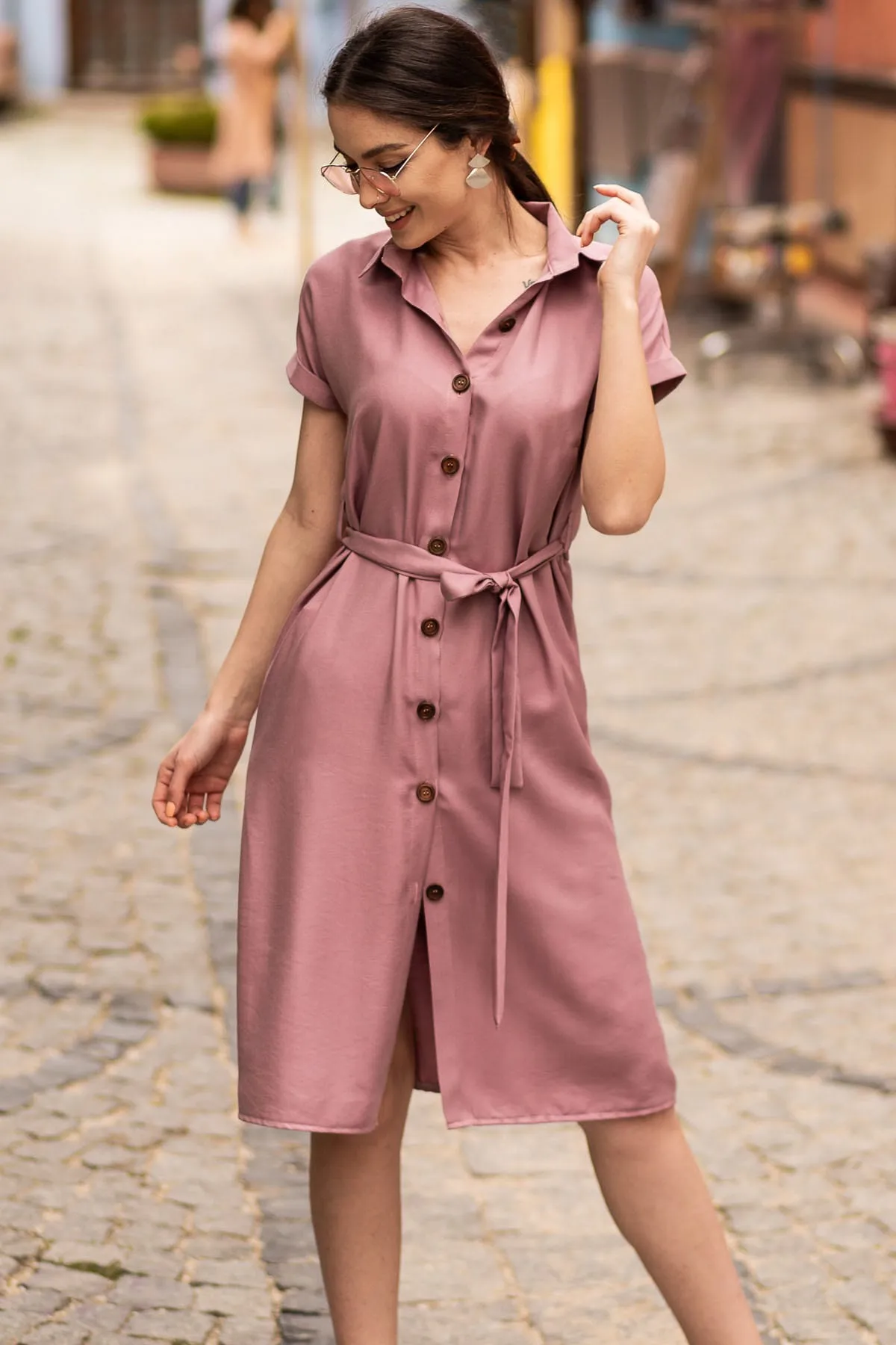 armonika  Damen Dusty Rose Kurzarm-Hemdkleid mit Gürtel ARM-19Y001068