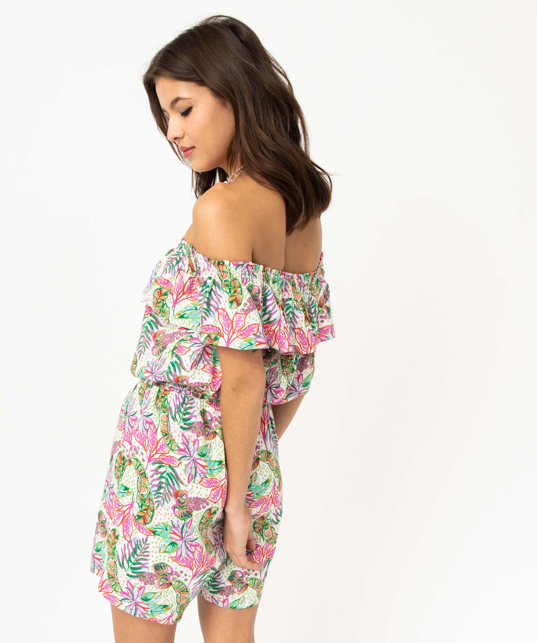 Combishort femme fleuri à col volanté imprime | GEMO