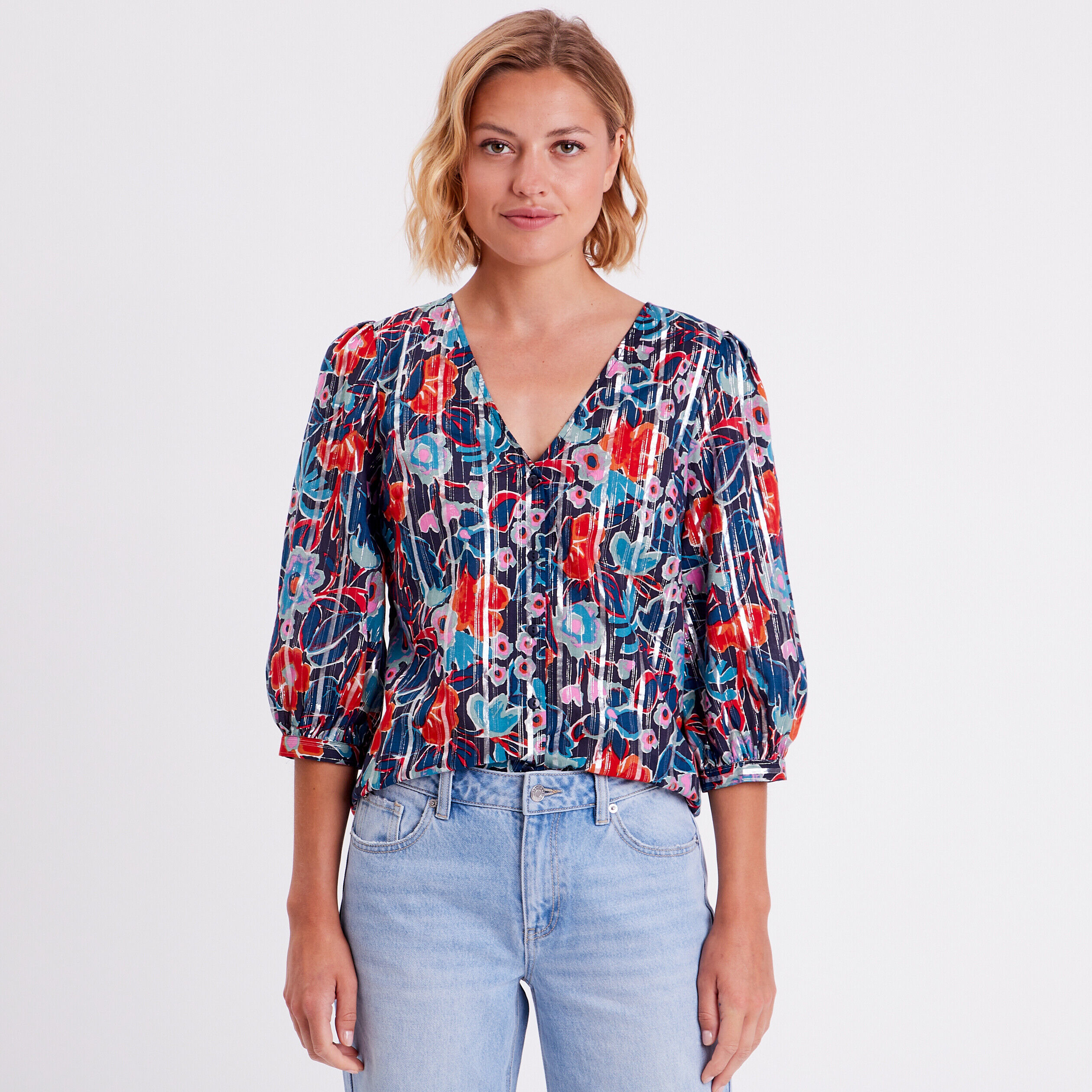 Chemise manches 3/4 bleu marine femme | Cache Cache