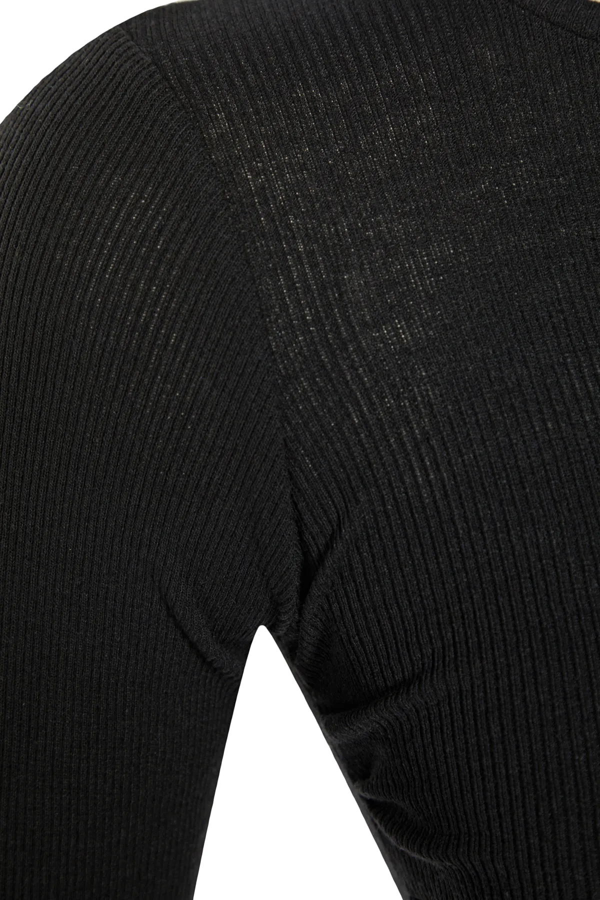 Trendyol Collection  Schwarzes Set aus Oberteil und Unterteil mit Rundhalsausschnitt, geripptem, flexiblem Strick und Raffung TWOAW23AU00269