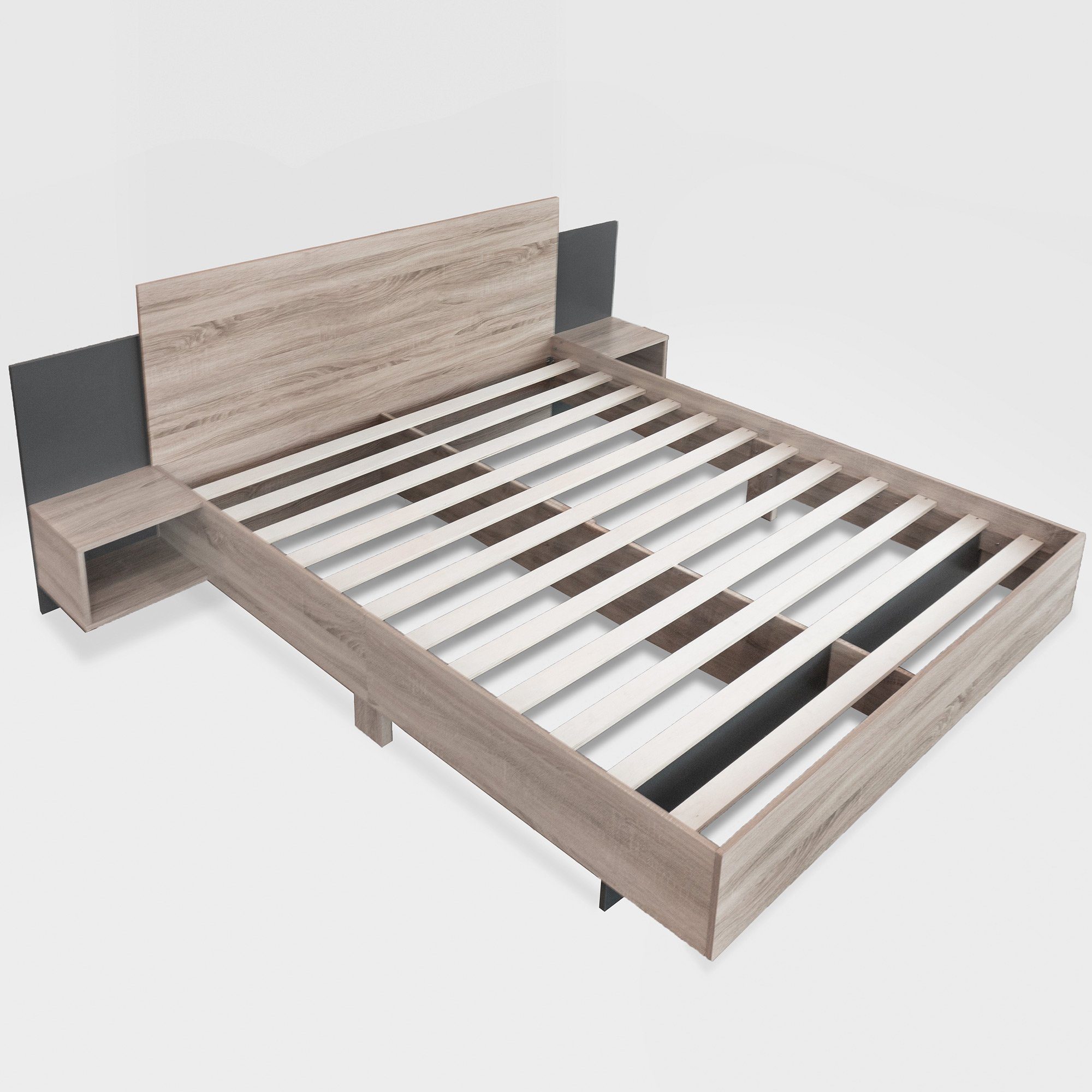 OKWISH Massivholzbett Natur Bett Solide (160x200cm mit Lattenrost ohne Matratze), mit 2 Nachtkommoden Modernes Bett inkl