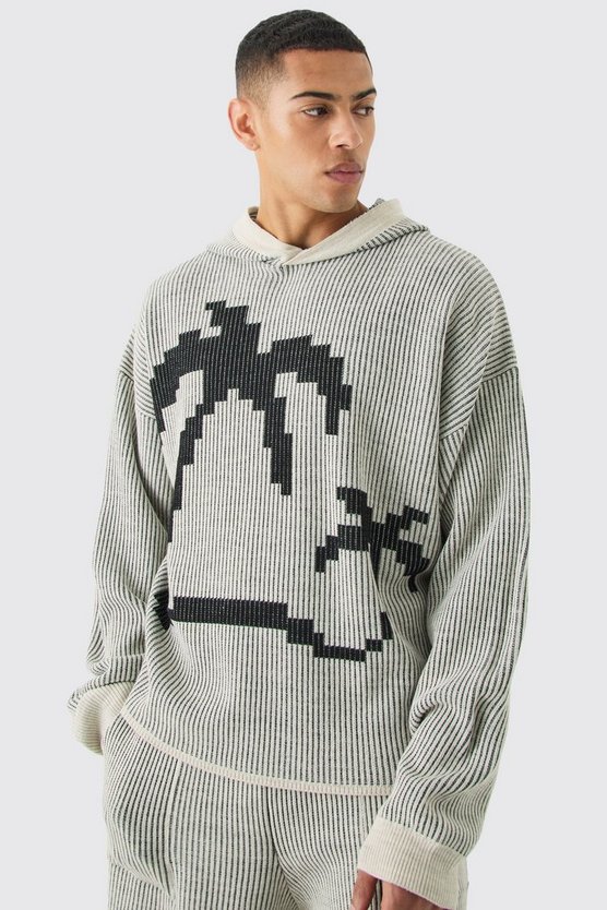 Kastiger gerippter Oversize Hoodie mit Palmen-Print