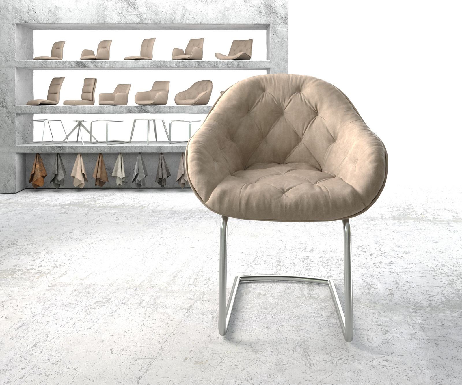DELIFE Polsterstuhl Gaio-Flex, Freischwinger rund Edelstahl Beige Vintage