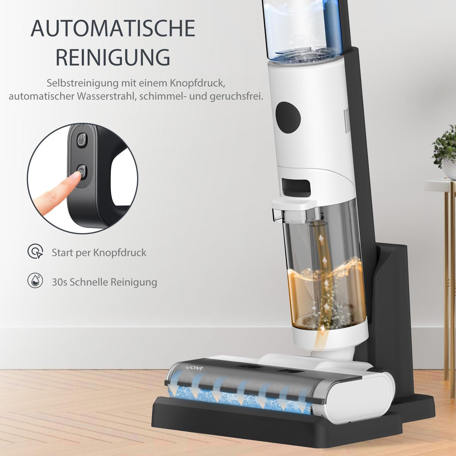 JONR Nass-Trocken-Akkusauger ED12, 200,00 W, Ultraleicht, 30-Minuten, Intelligente Nass-Trocken-Technologie und automatische Reinigungsfunktion, verbessertes Kantenreinigungsdesign, geeignet für Harte Böden