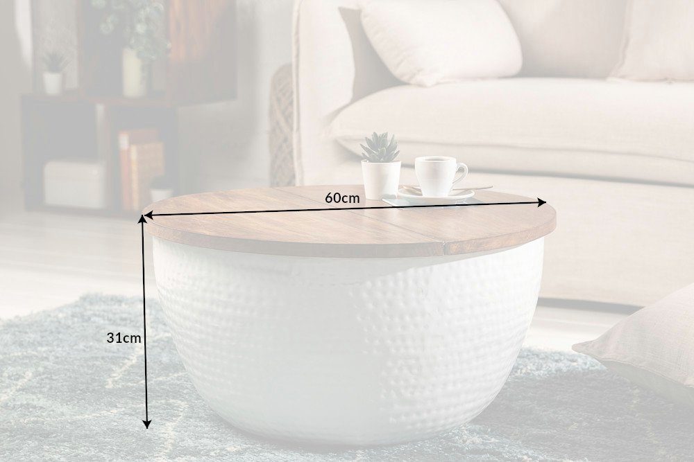 riess-ambiente Couchtisch ORIENT STORAGE Ø60cm natur / weiß, Wohnzimmer · rund · Massivholz · Metall · mit Stauraum · Hammerschlag
