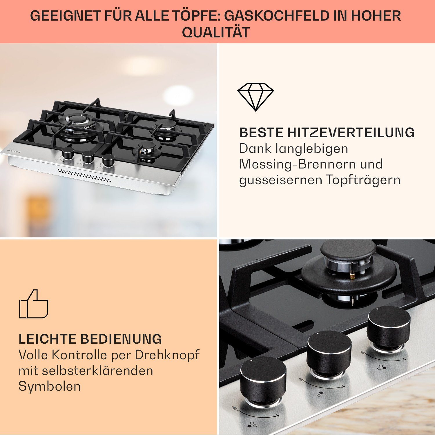 Klarstein Gas-Kochfeld Alchemist 3 Gaskochfeld 3-flammig Aluminium-Brenner Glaskeramik CP11-Alchemist-3, 3 flammen brenner Kochfelder Gaskochfelder