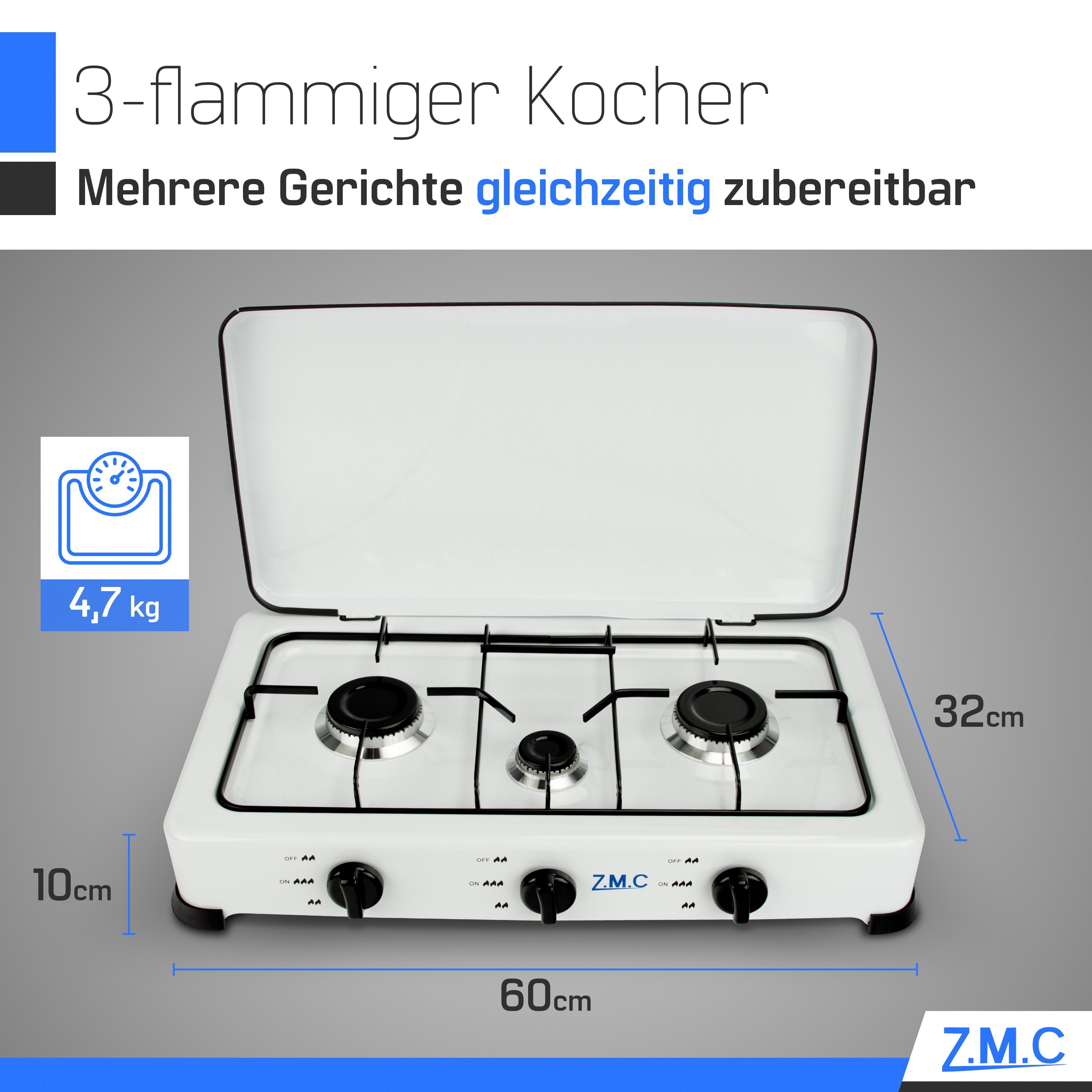 ZMC Gaskocher Tragbarer Gaskocher Campingkocher 3-flammig inkl. Schlauch und Regler, 5,4 kW 50 mBar Outdoor Gasherd Kochfeld Herd Propangas Tischkocher