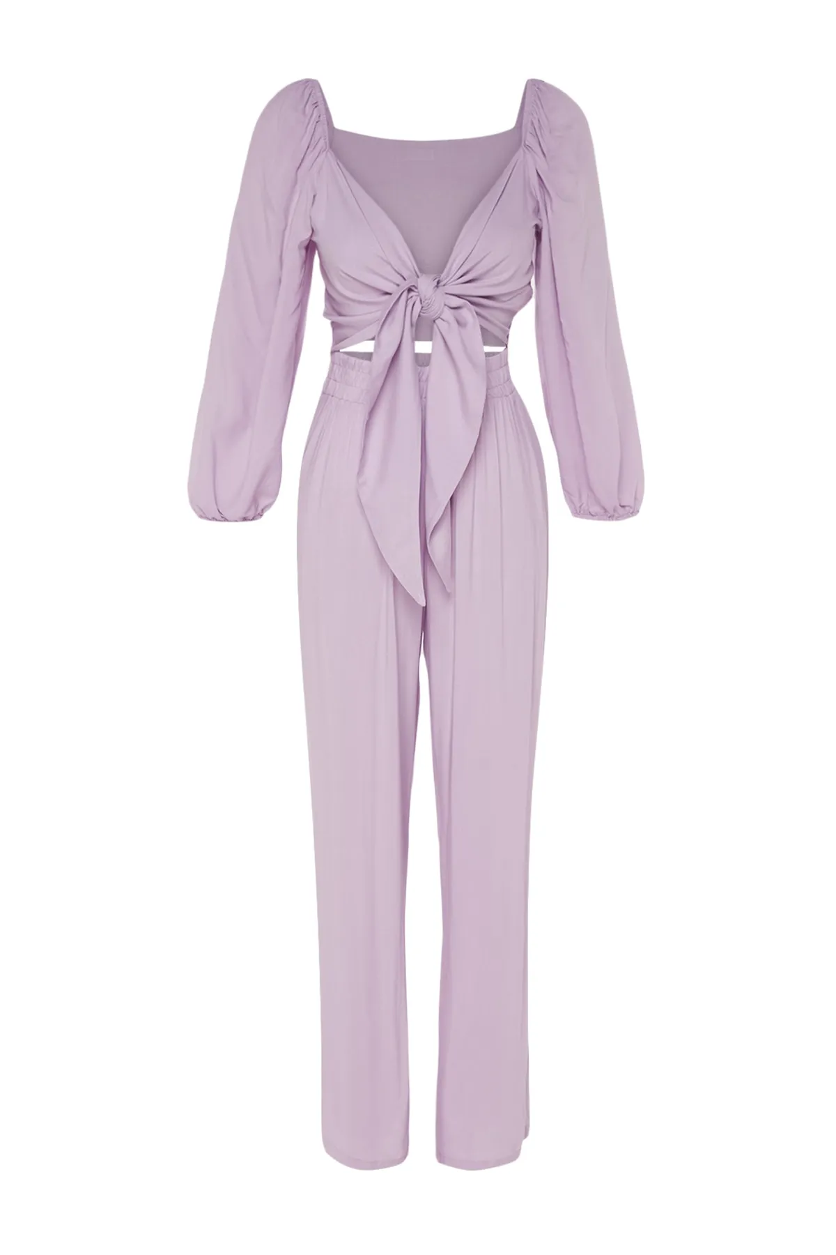 Trendyol Collection  Lilafarbener, gewebter Blusen-Hosenanzug mit Bindeband TBESS23AU00072
