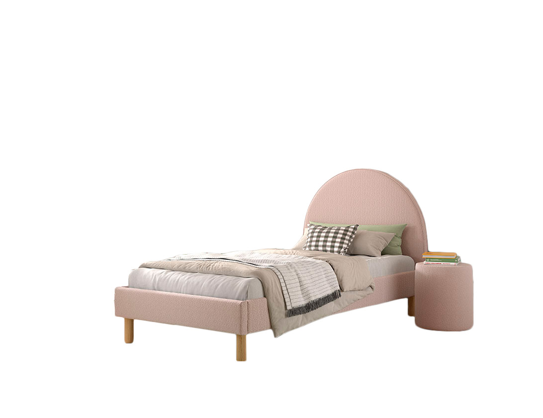 VIPACK Polsterbett Set MOON mit Liegefläche 90 x 200 cm, inkl Lattenrost und 1 Polsterhocker/Nachttisch/Nachttisch, Bezug trendiger Boucle Stoff in Rosa