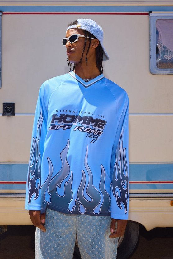 Langärmliges Mesh T-Shirt mit Homme Flammen-Print