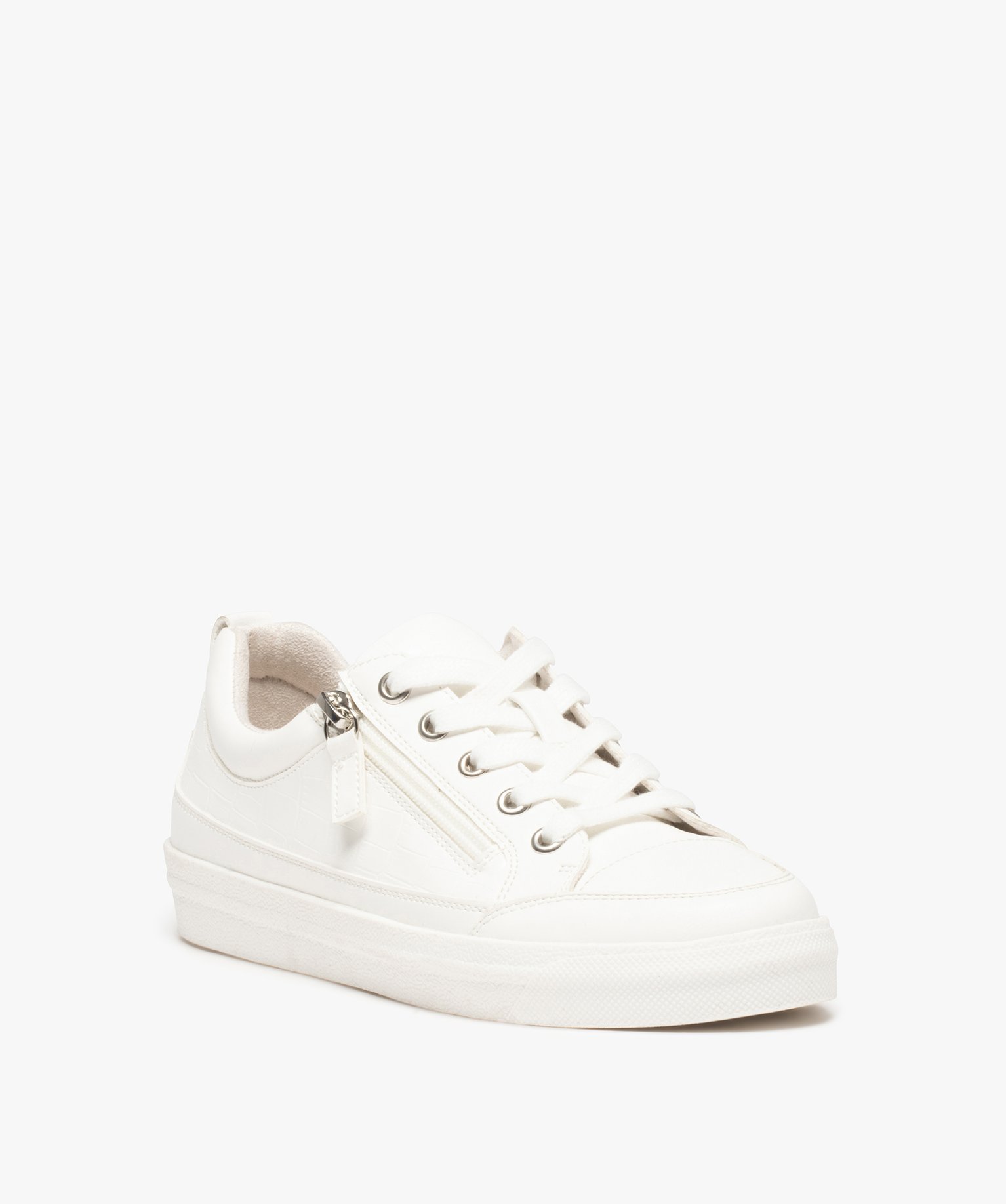 Baskets femme unies à lacets et zip motif croco blanc | GEMO