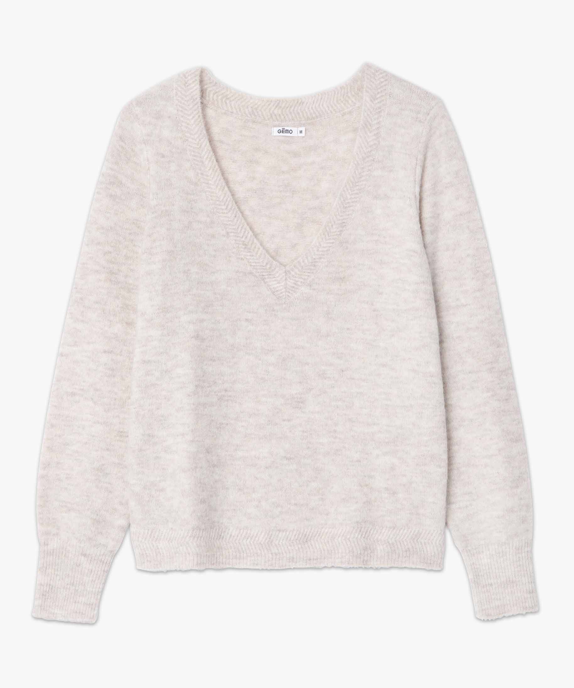 Pull femme à grand col V fantaisie ecru | GEMO