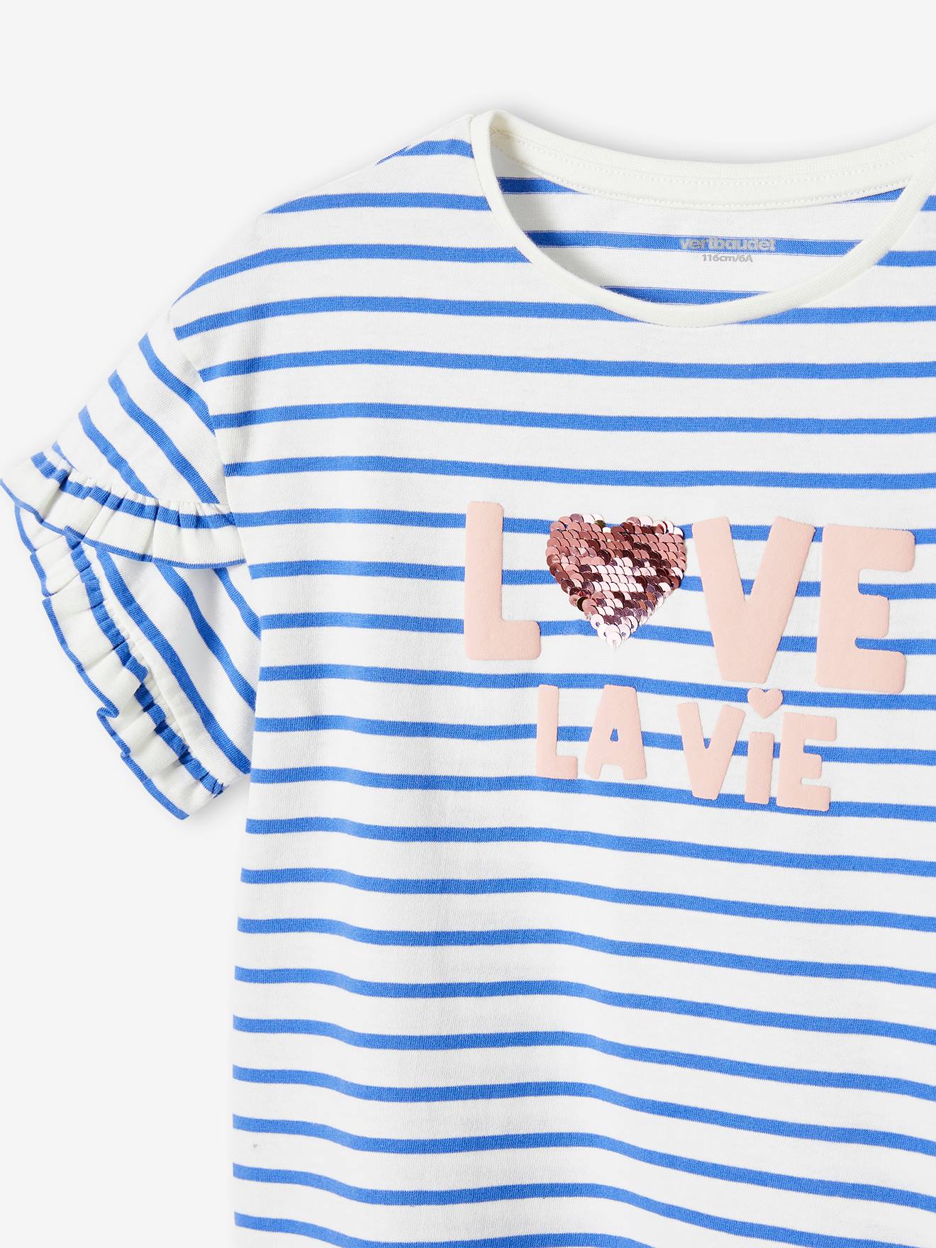 Vertbaudet Mädchen T-Shirt mit Paillettenherz - blau gestreift