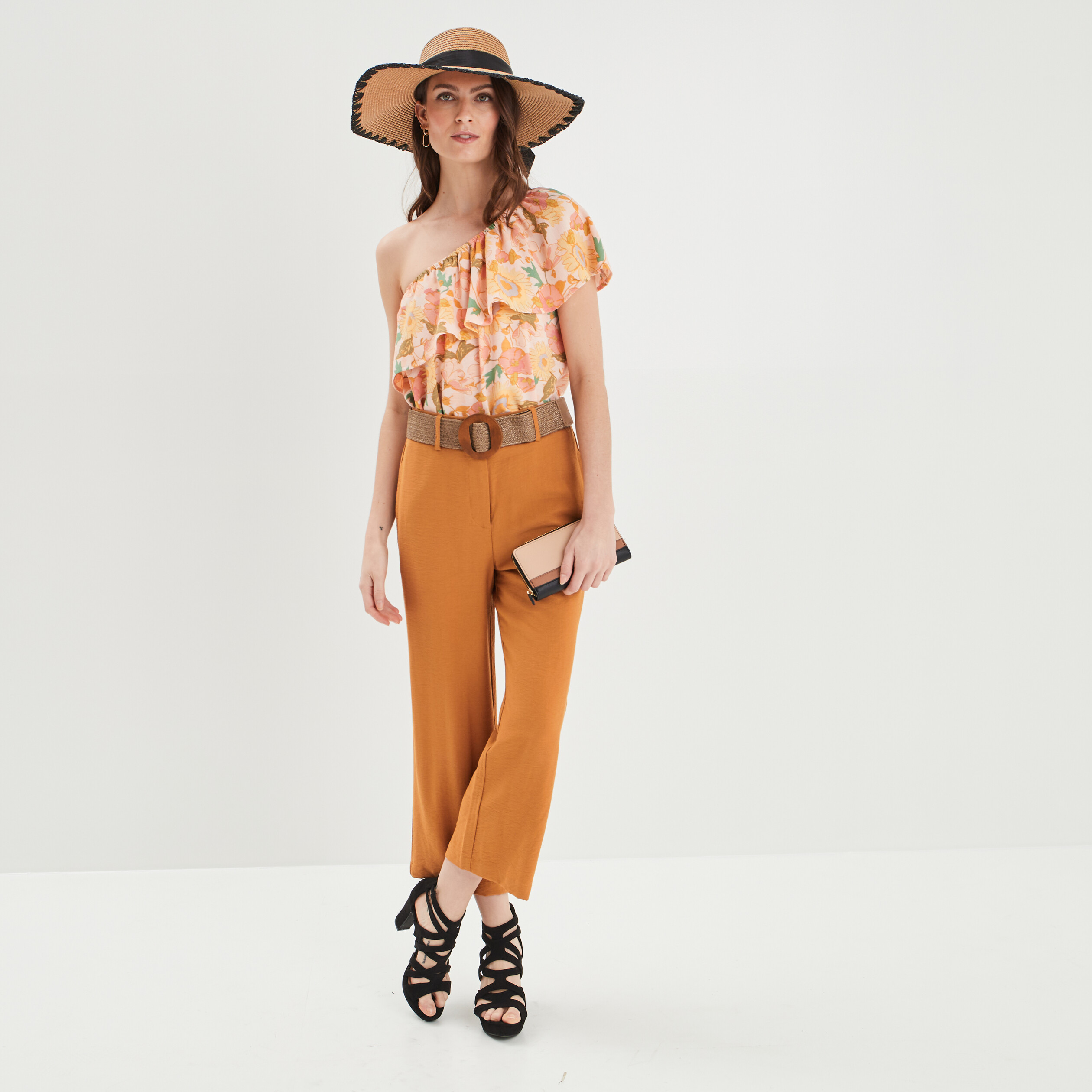 Pantalon large taille haute ceinturé marron cognac femme | La Halle