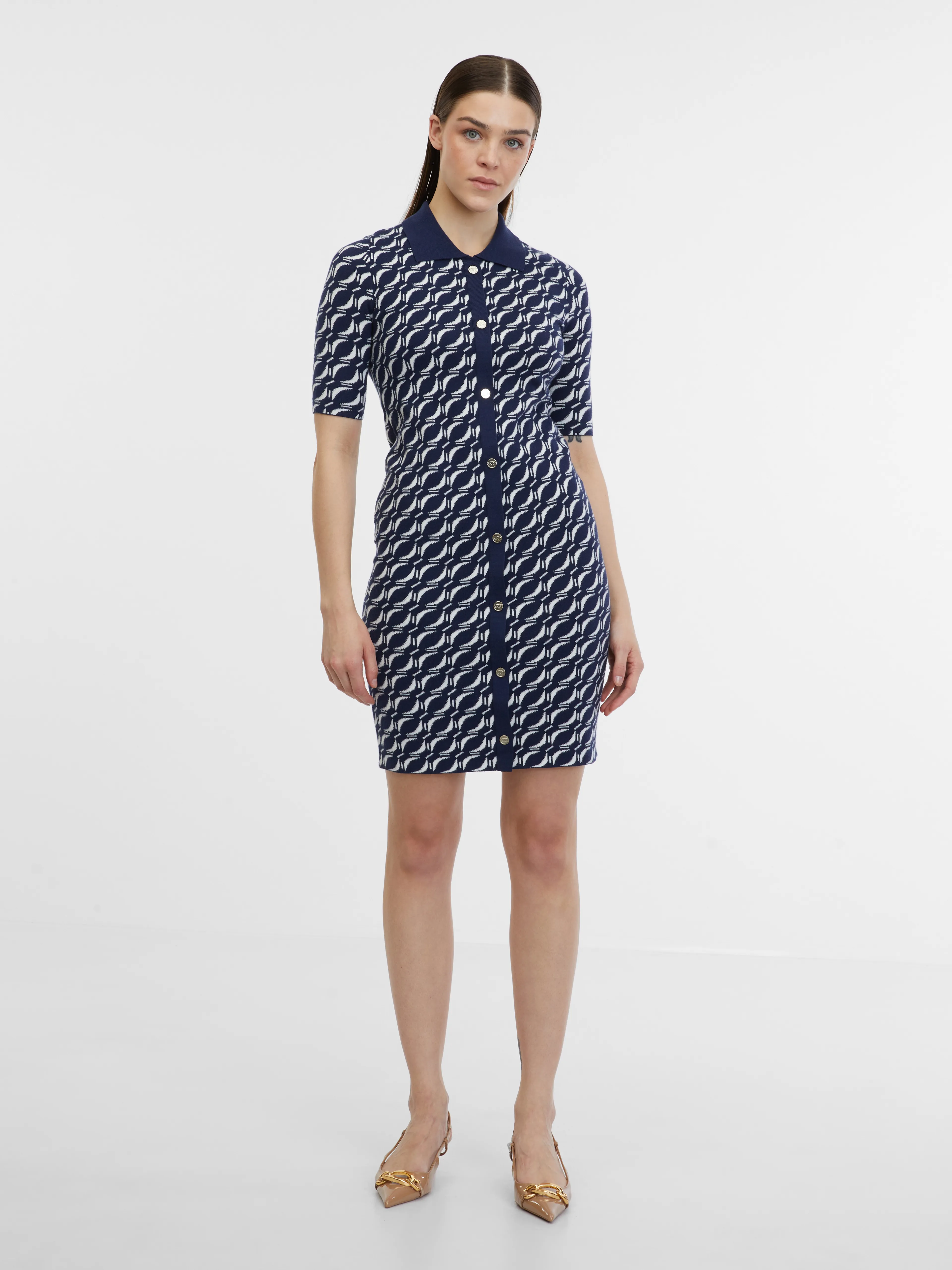 Dunkelblaues gemustertes Damen-Pulloverkleid ORSAY