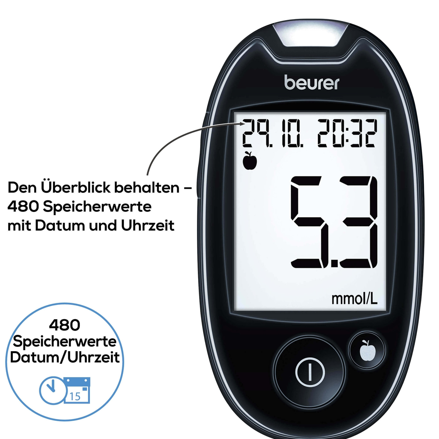 Beurer Blutzuckermessgerät GL 44 White mmol/L-Blutzuckermessgerät mit Blutmengenkontrolle & App-Anbindung
