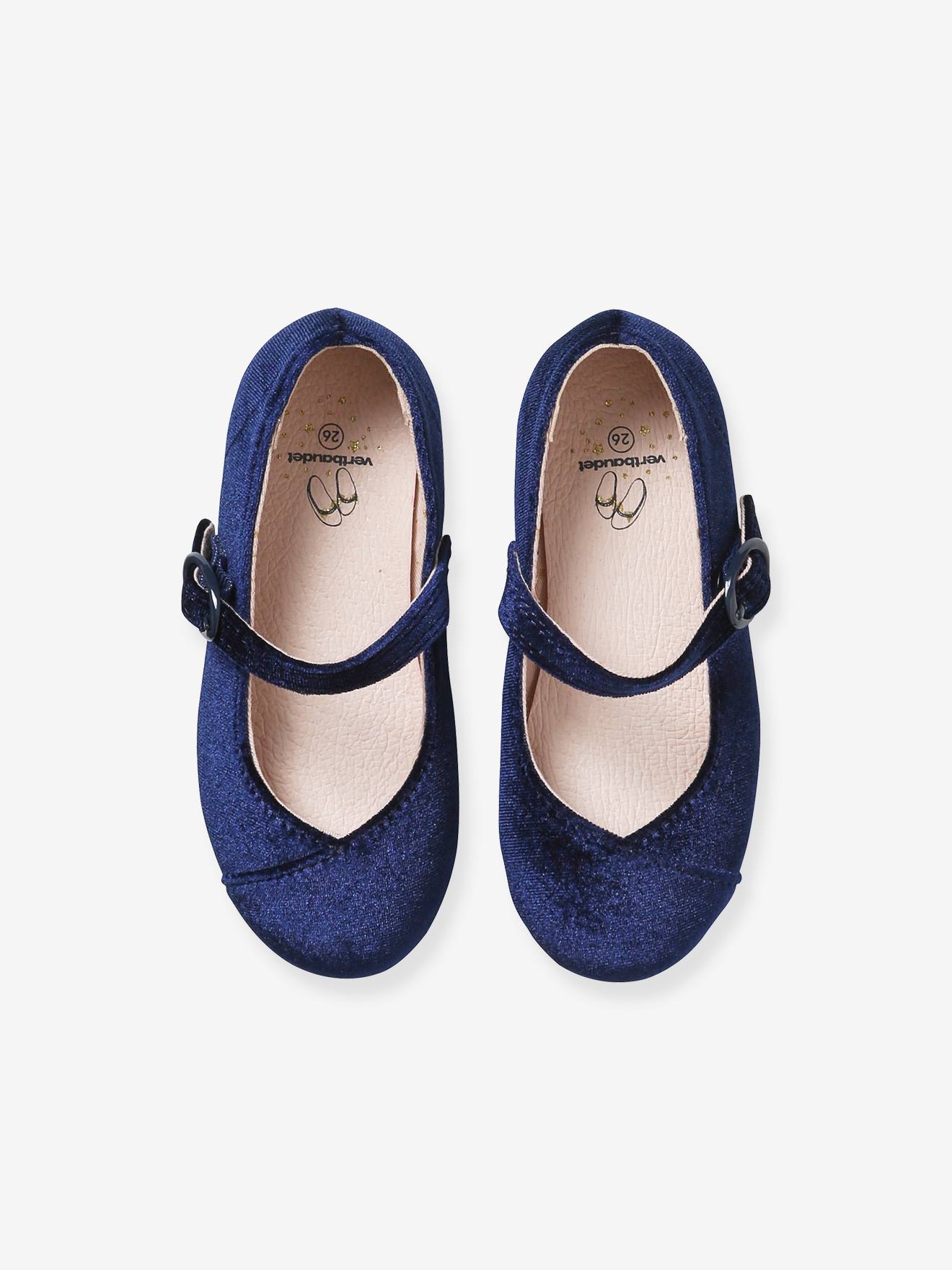 Vertbaudet Mädchen Velours-Ballerinas mit Anziehtrick - marine
