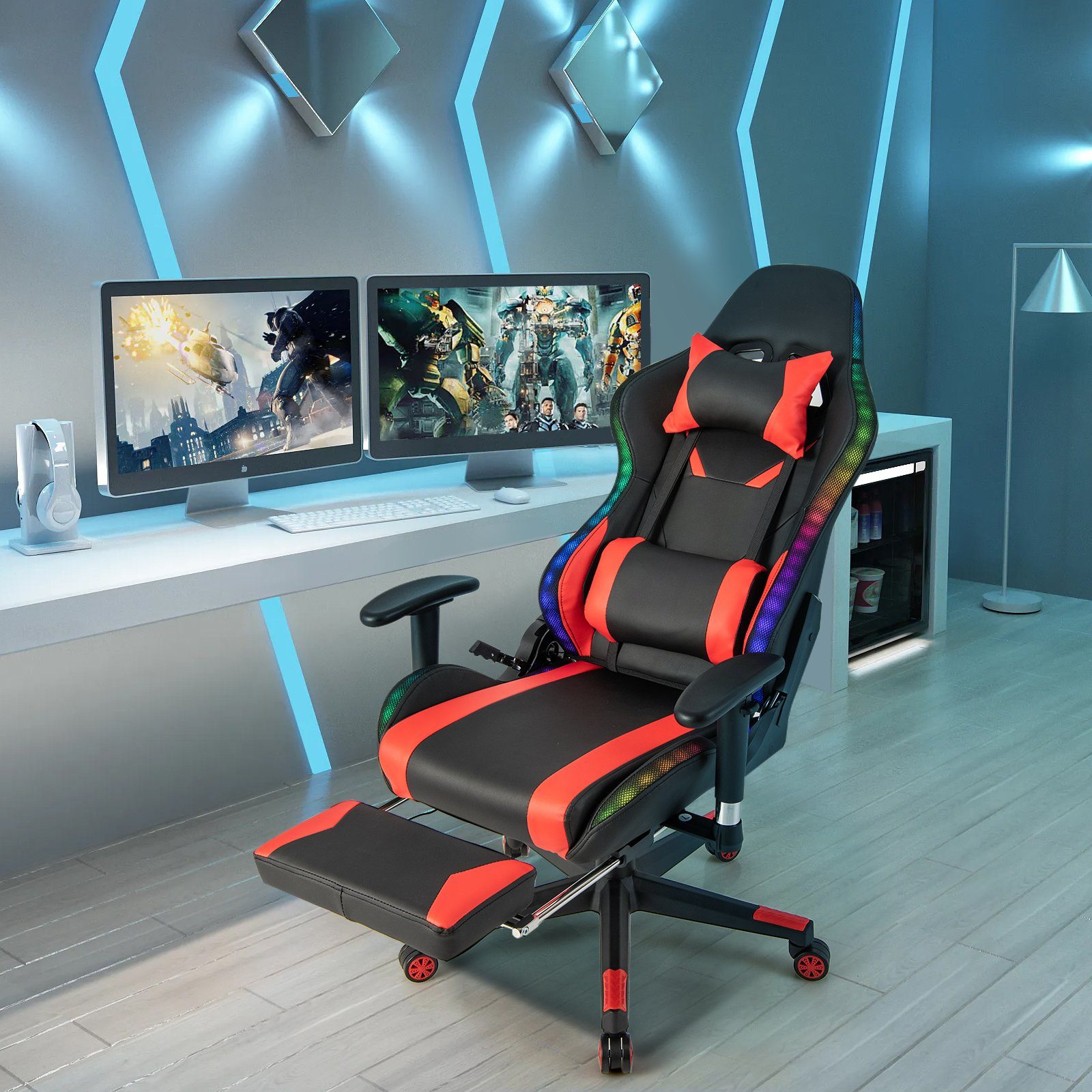 COSTWAY Gaming-Stuhl, mit Fußstütze, RGB-LEDs, verstellbarer Rücklehne, 160kg