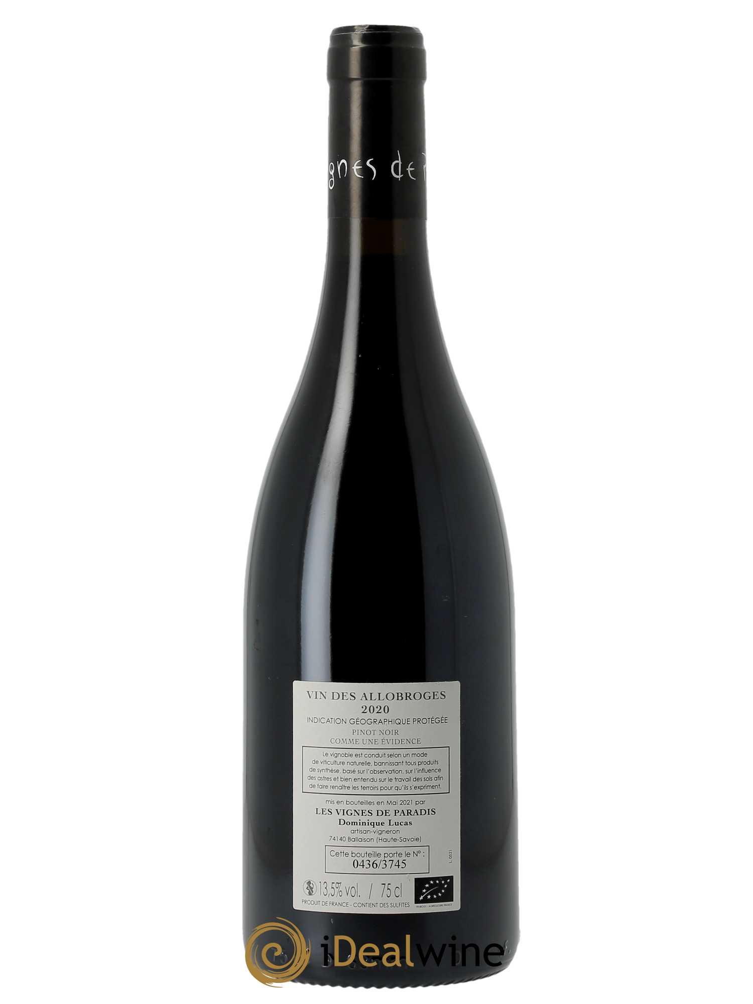 IGP Vin des Allobroges Comme une évidence Les Vignes de Paradis  2020 - Lot de 1 Bouteille