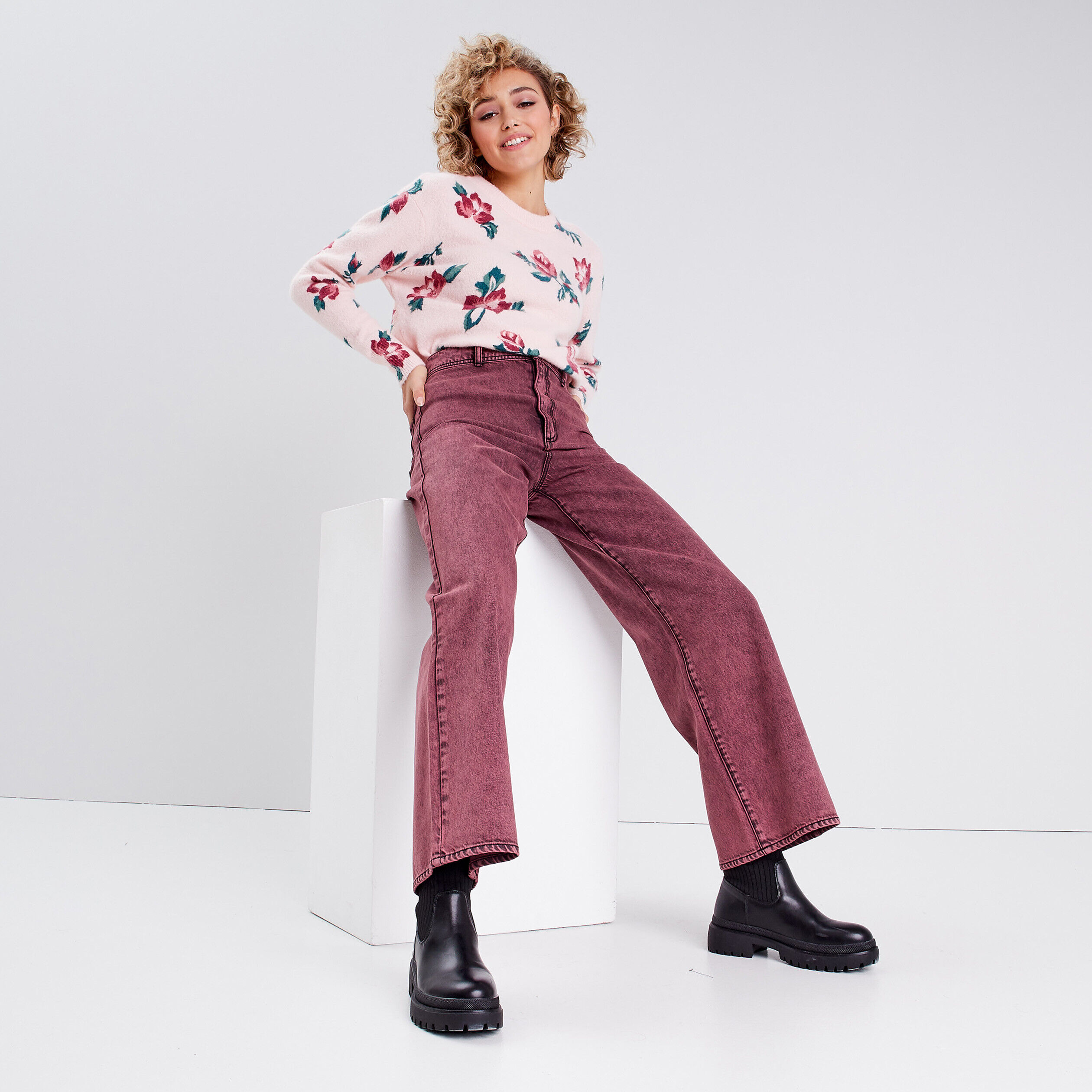 Jeans wide leg bordeaux femme | Cache Cache