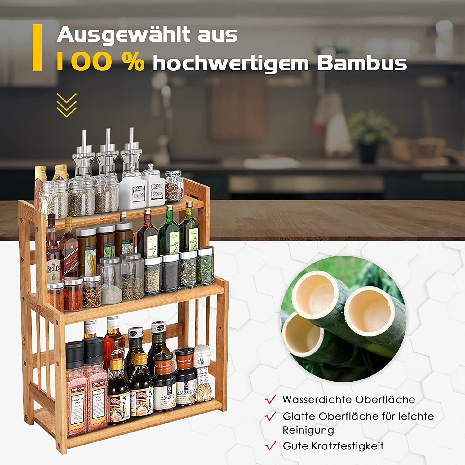 KOMFOTTEU Gewürzregal Küchenregal, mit 3 Etagen, aus Bambus, verstellbar