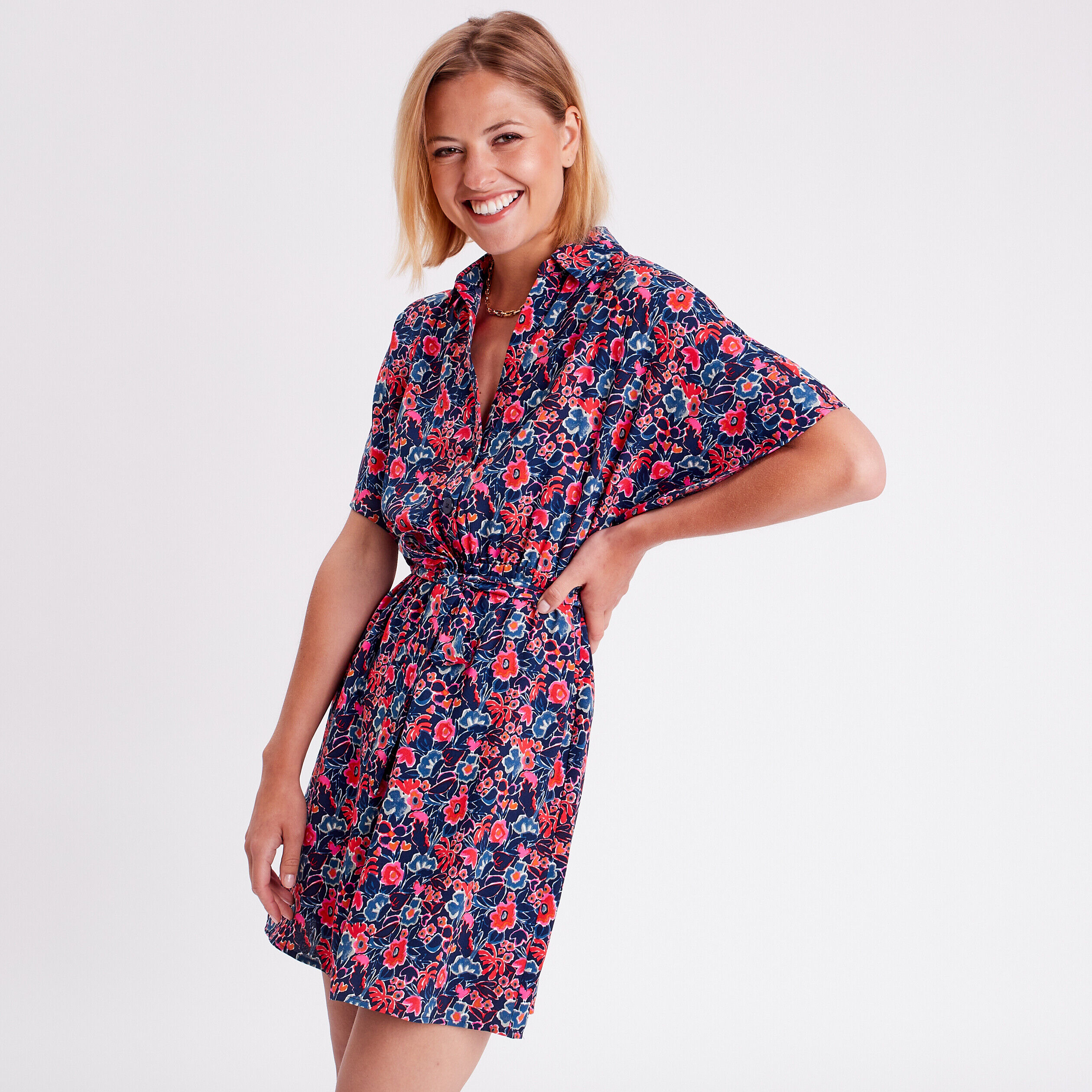 Robe évasée manches papillons bleu marine femme | Cache Cache