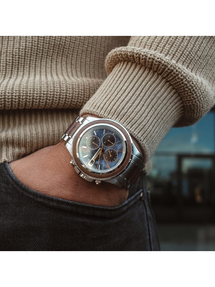 Holzkern Herren-Chronograph Solar Koh Mak Walnuss/Marmor Blau / Mehrfarbig / Silber günstig kaufen onesize