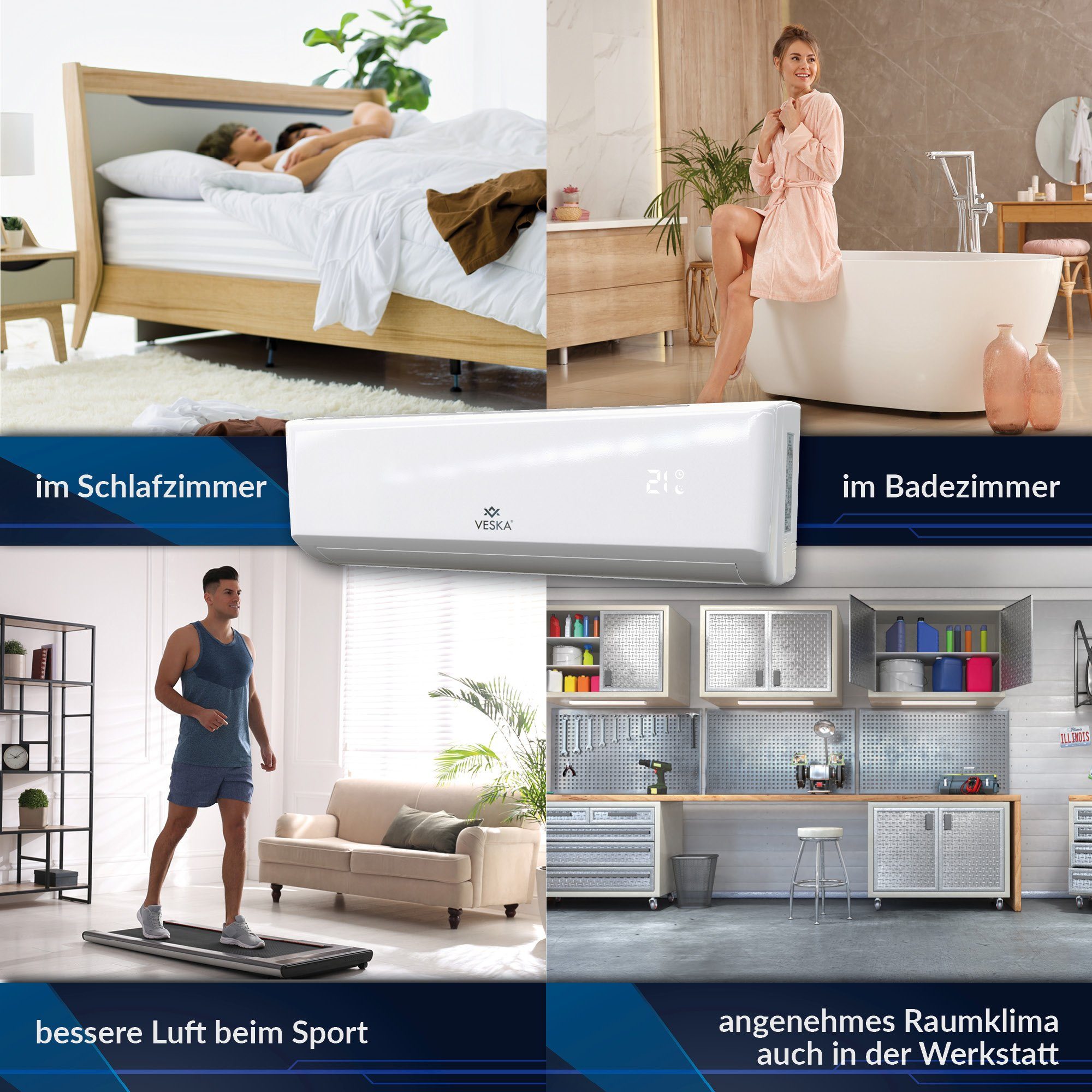 VESKA Split-Klimagerät Inverter Klimaanlage 12000 BTU - 3,5 KW - 2in1 Kühlen und Heizen, mit WiFi/App Funktion, Fernbedienung, Timer, inkl. Montagematerial