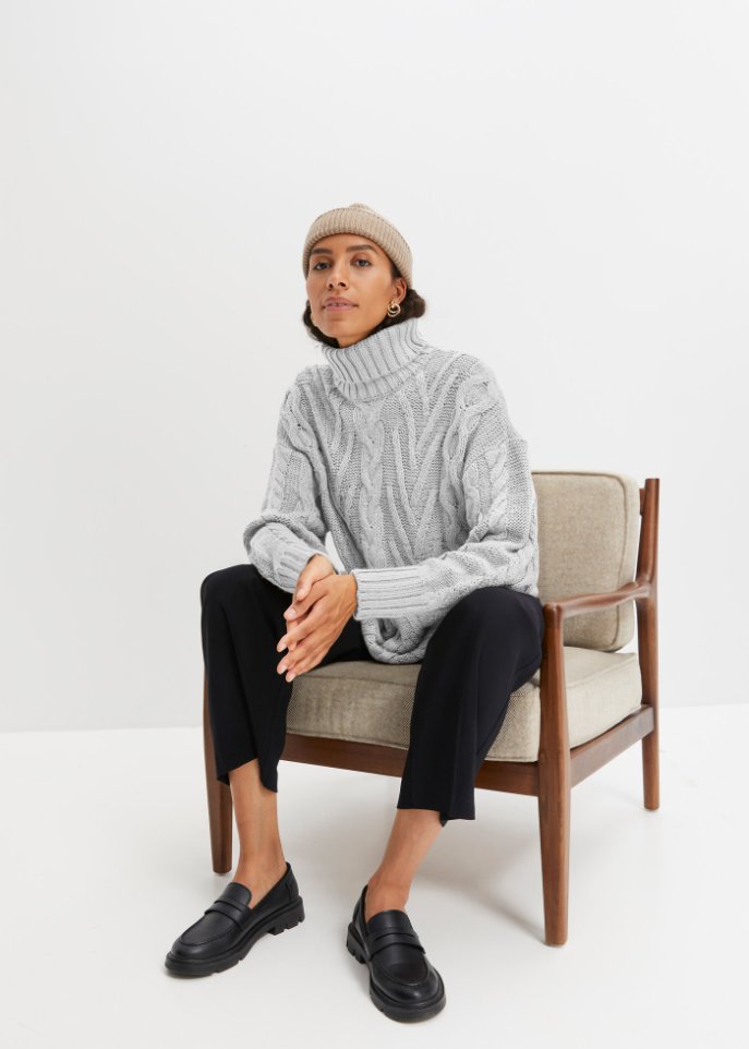 Rollkragen-Pullover mit Zopfmuster