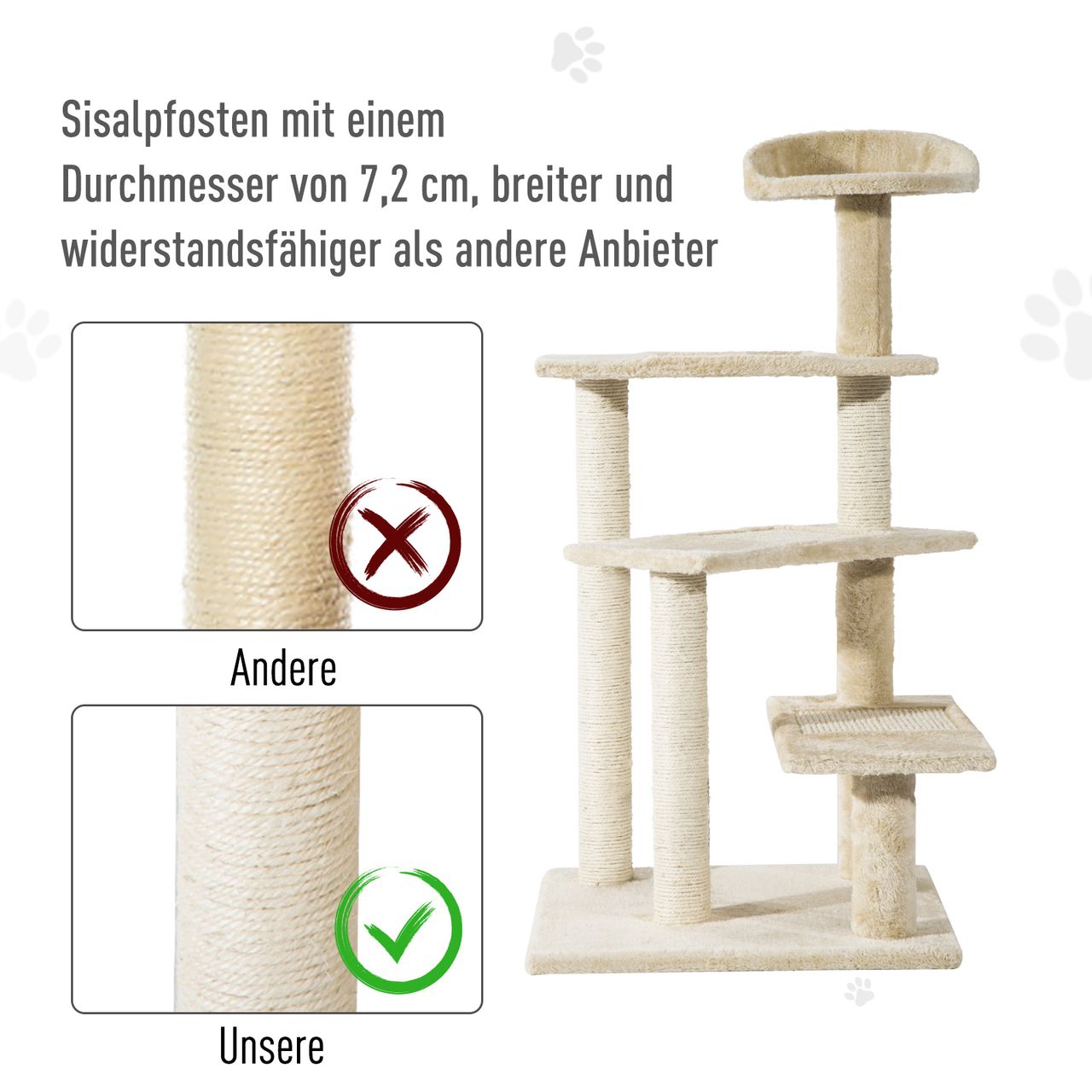PawHut Kratzbaum mit Sisalsäulen, Katzenkratzbaum, Katzen Kletterbaum, Katzenbaum, Beige, 50 x 50 x 100 cm