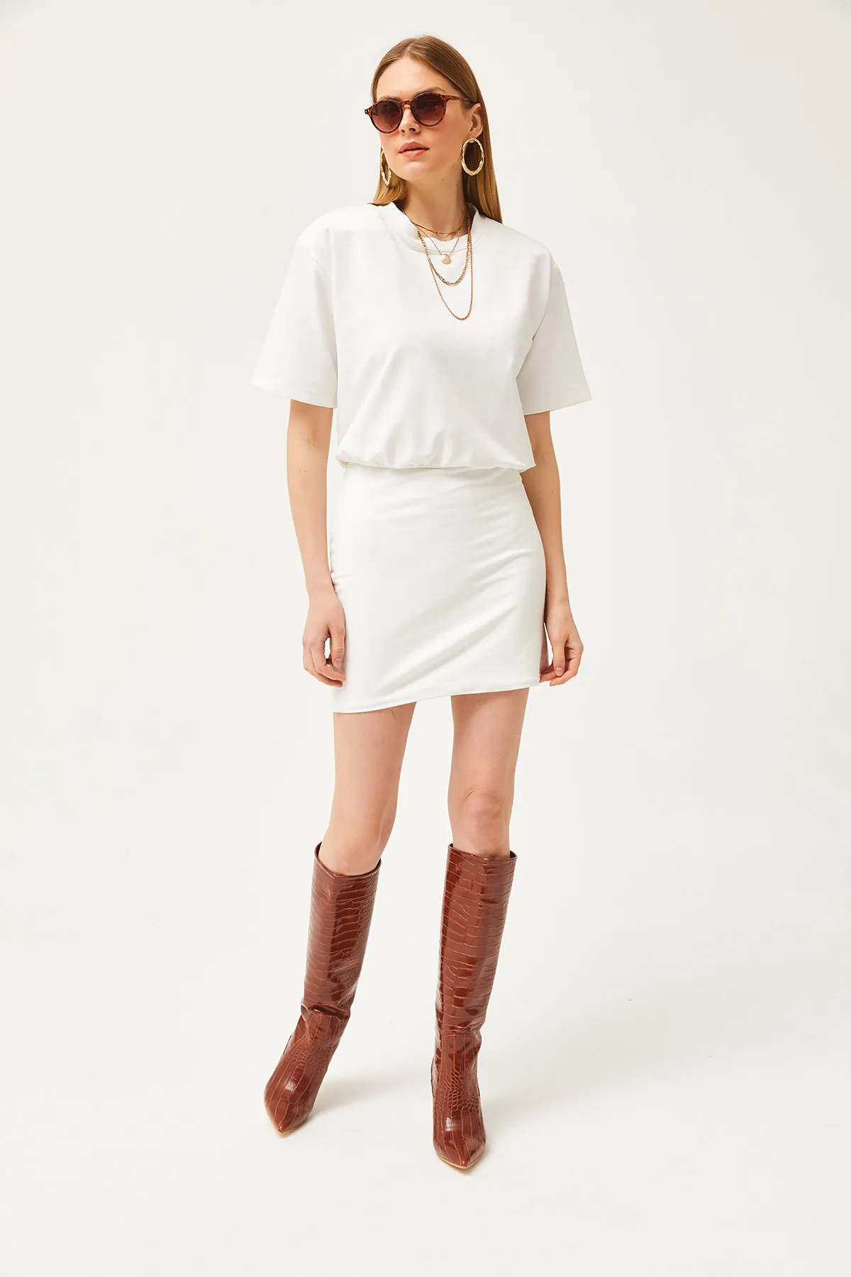 Olalook  Weißer Rock für Damen, doppellagiges Oberteil, fließendes Kleid ELB-19002062