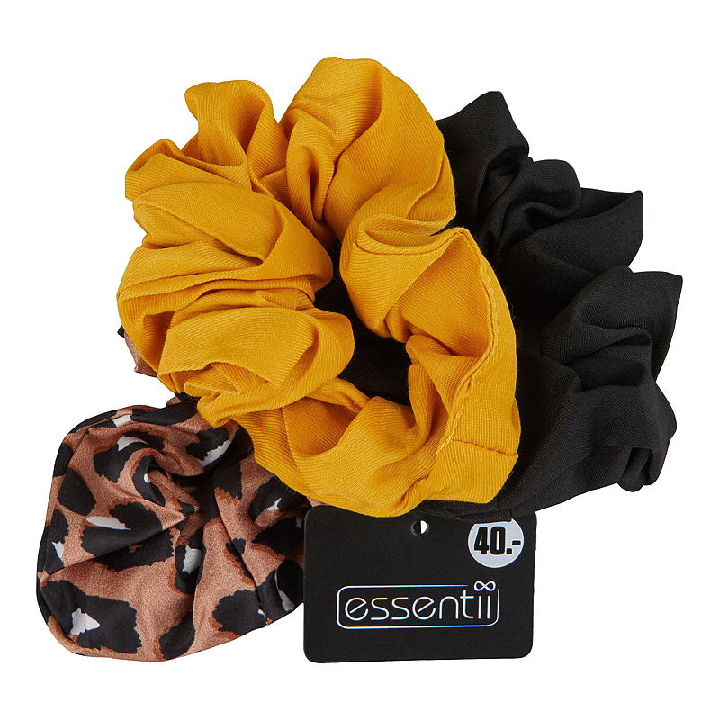 Essentii Hårstrikk 3-pk scrunchie sort/gul/mønster