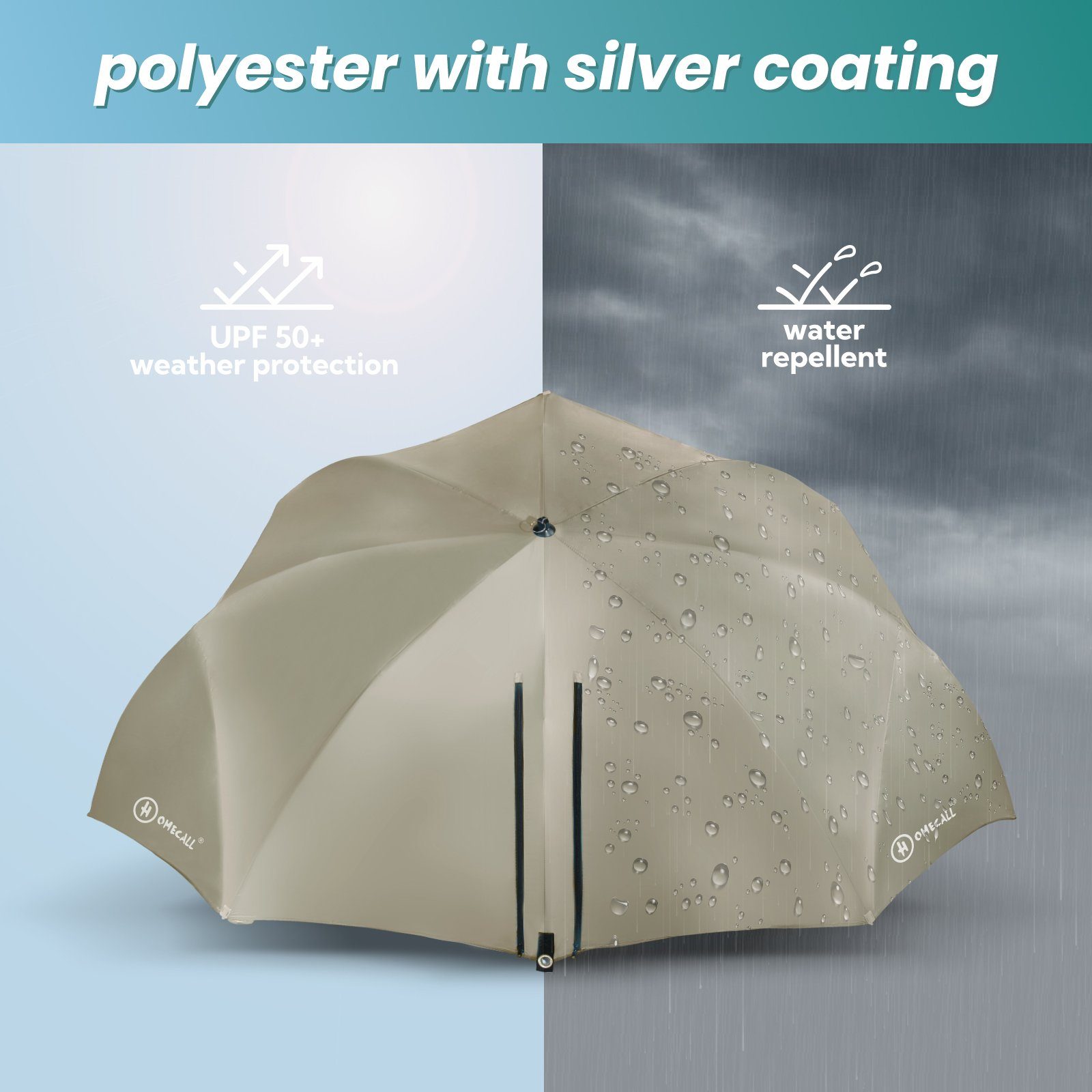 HOMECALL Strandmuschel mit umbrella system UV-resistentes 50+ Khaki, Umfunktionieren zum Sonnenschirm Strandschirm, für 2-3 Personen