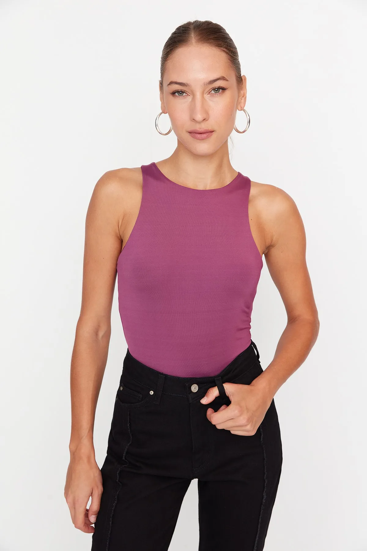 Trendyol Collection  Pflaumenfarbener Neckholder-Body mit flexiblem Druckknopf-Strick-Body TWOSS20BD0044